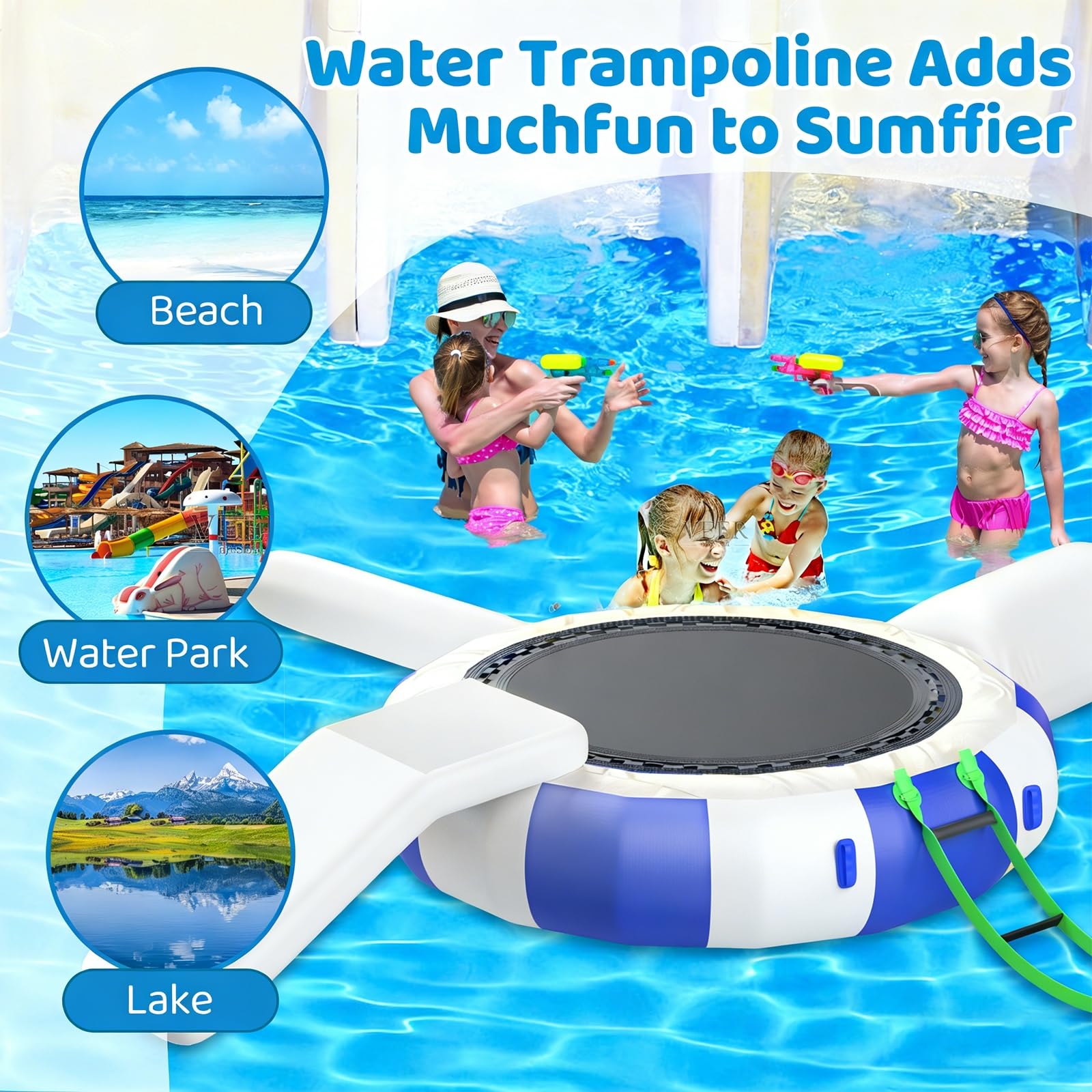 Trampolino Gonfiabile d'Acqua da 10/13/16FT – Piattaforma da Nuoto Rimbalzante con Scivolo e Cuscino da Immersione – per Piscina, Lago e Parco Trampolino Acquatico