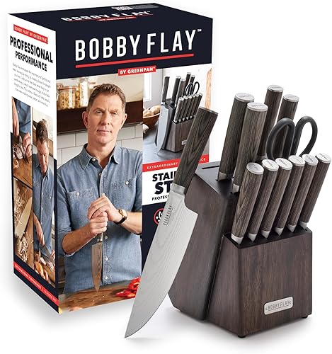 GreenPan x Bobby Flay - Juego de 13 cuchillos de cocina de acero inoxidable, cuchillas de acero inoxidable premium, bloque de cuchillos de madera de