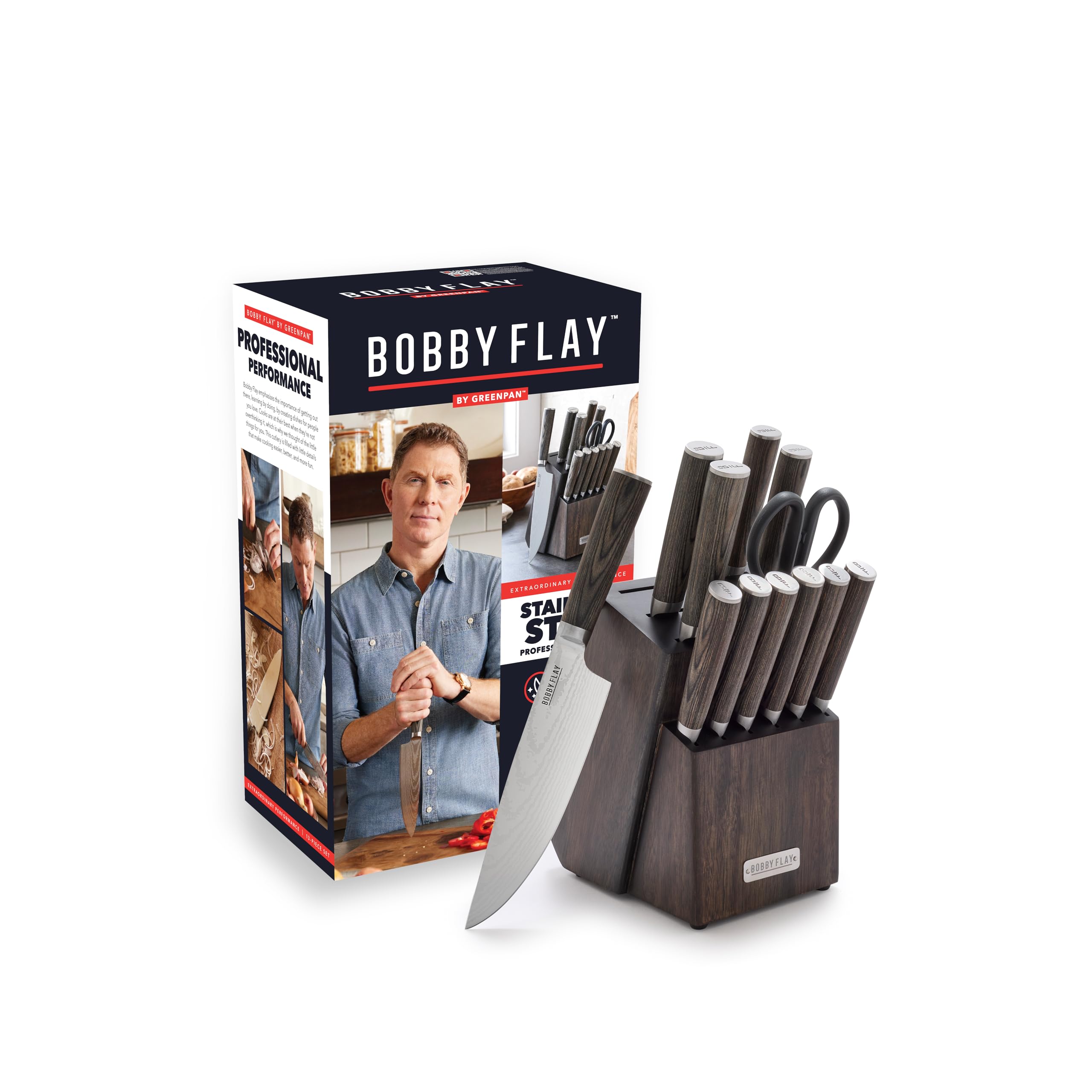 x Bobby Flay 13 Piece Stainless Steel Cutlery Kitchen Knife Block Set, Premium Stainless Steel Blades, Acacia Wood Knife Block, Hand Finished Wood Handle, Damascus Steel Design