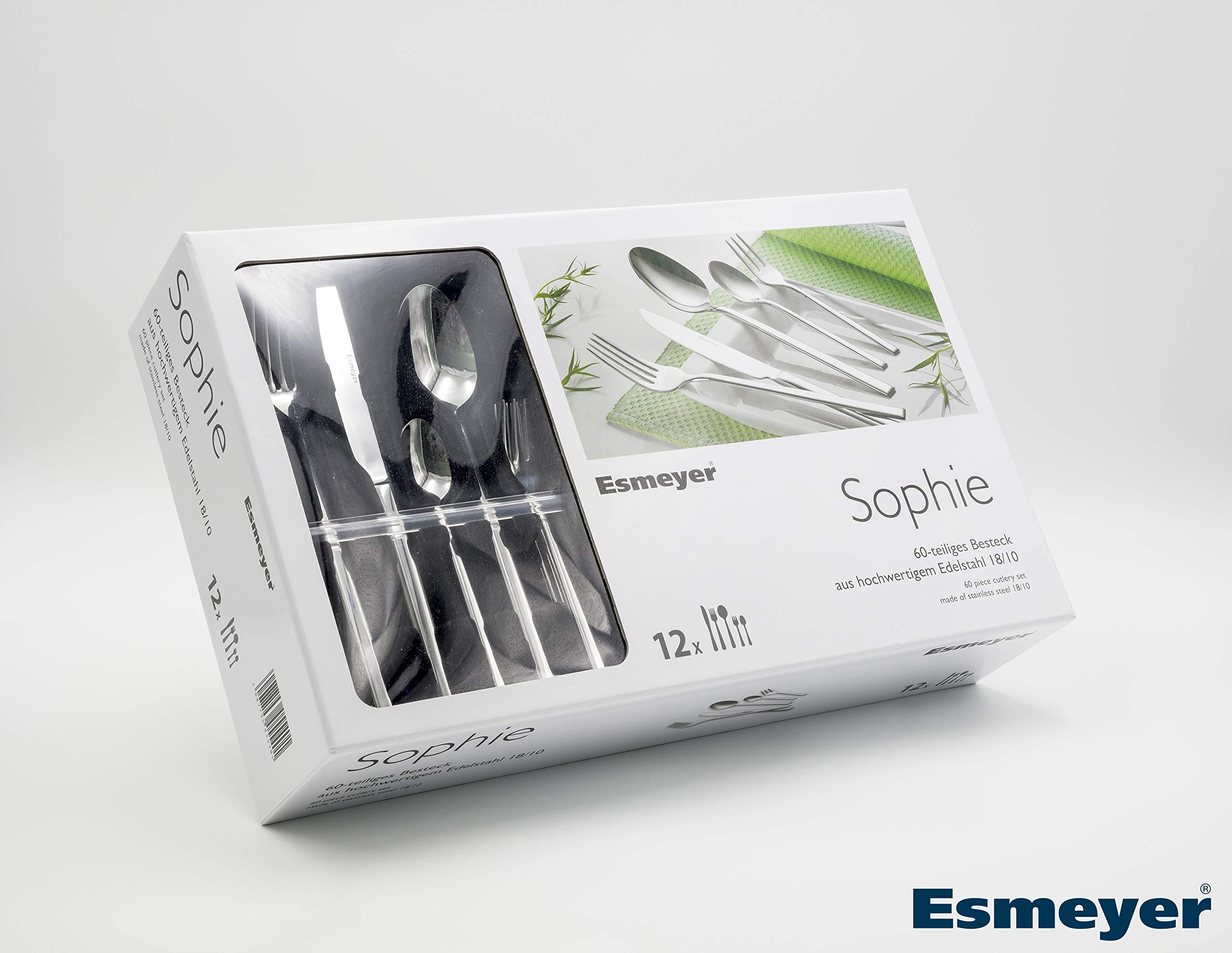 Esmeyer 199-830 60-teiliges Besteckset Sophie, poliert im Geschenkkarton, Chrom-Nickel-Edelstahl 18/10, silber, 45 x 29 x 2 cm