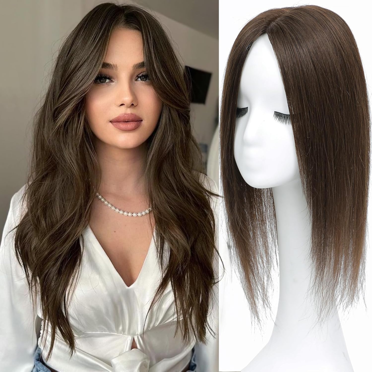 Hair Toppers for Women Real Human Hair, 360° 3D Human with Thinning Upgrade Middle Part Clip in Bangs Topper Hair Pieces for Women Daily(Medium Brown, 18 Inch-3D-Side) 18 Inch-3D-Side Medium Brown