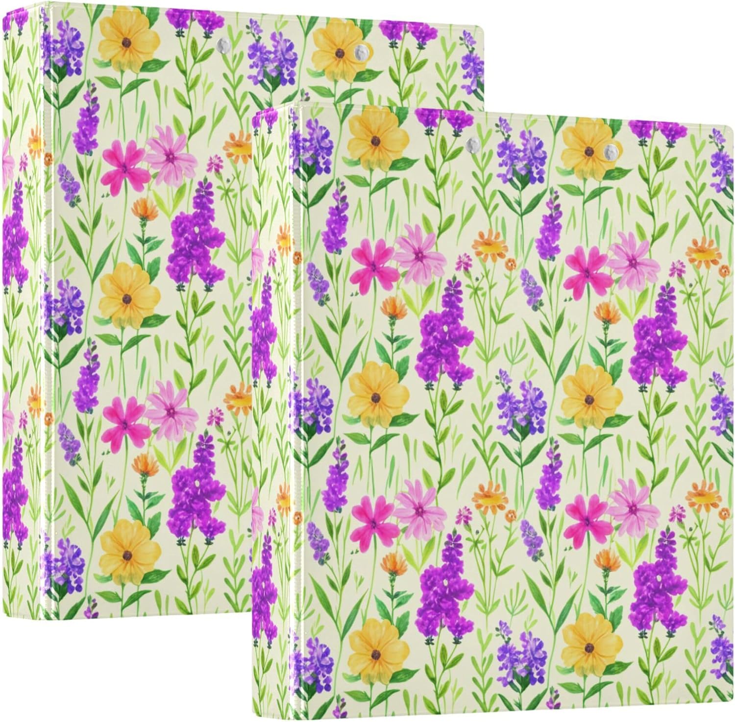 Colorful Wildflowers 3 Ring Binders, 1.5” Round Ring Binders with Clipboard - Letter Size, 3 Interior PVC Clear Pockets & Anti-Slip Clip for Office School Supplies, 2PCS