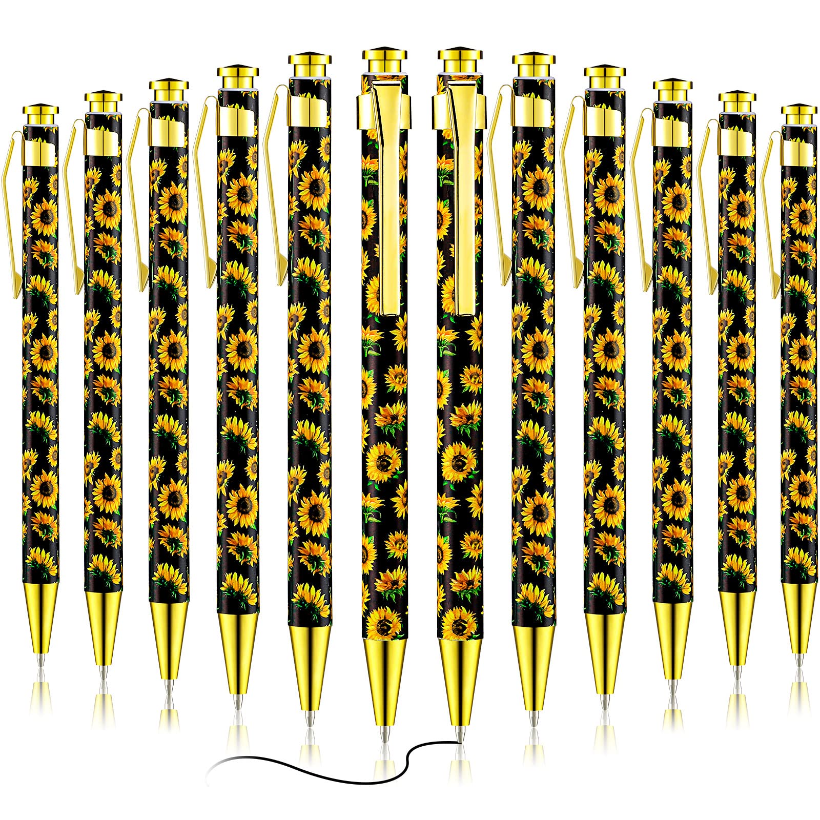 Yexiya 12 Pieces Sunflower Pens Ballpoint Click Ball Pens Reusable Retractable Journaling Sunflower Party Favors Black Ink Medium Point 1.0 mm Gift for School Office Women and Men