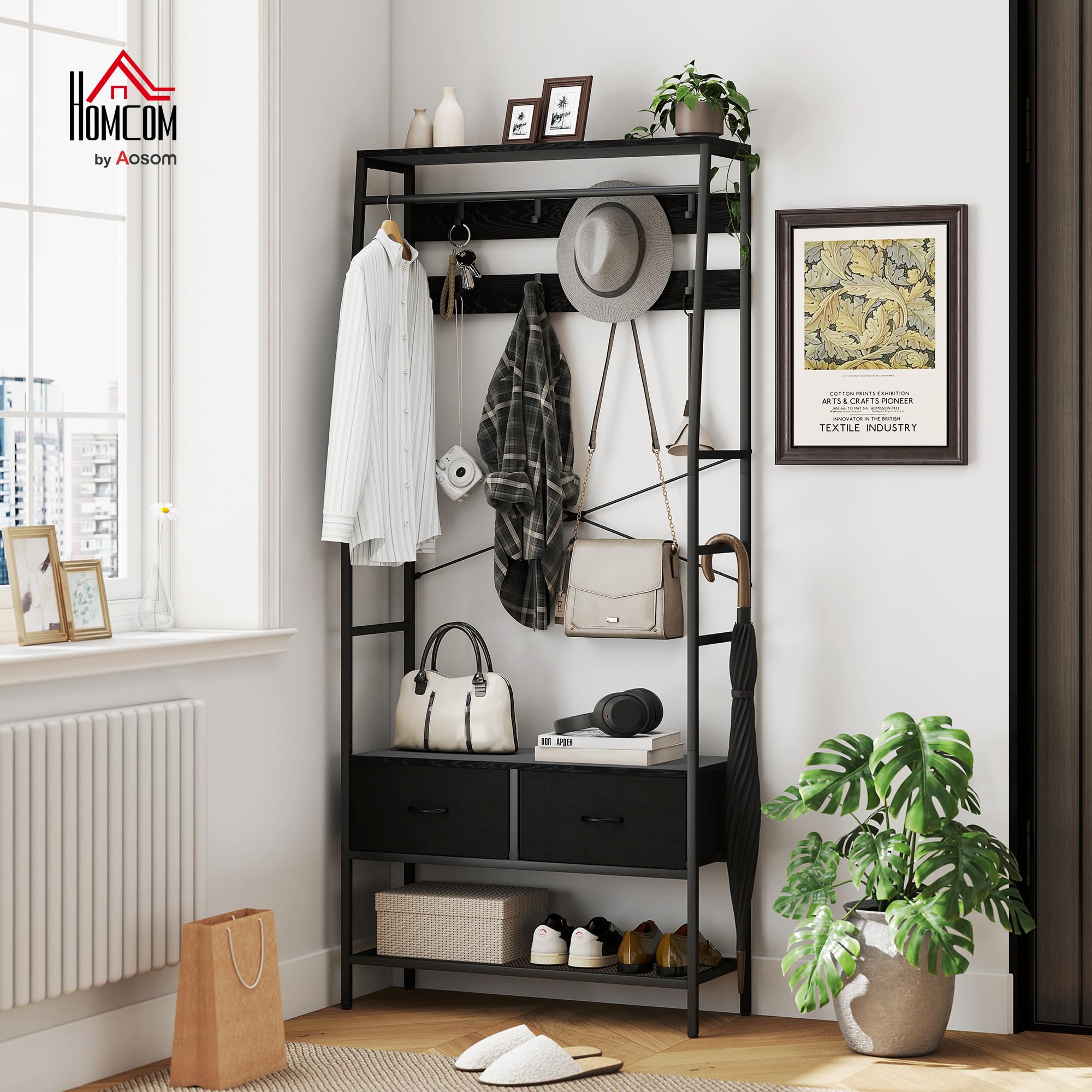 HOMCOM Porte-manteau Vestiaire 2 Tiroirs en Tissu 80 x 30 x 180,5 cm Noir