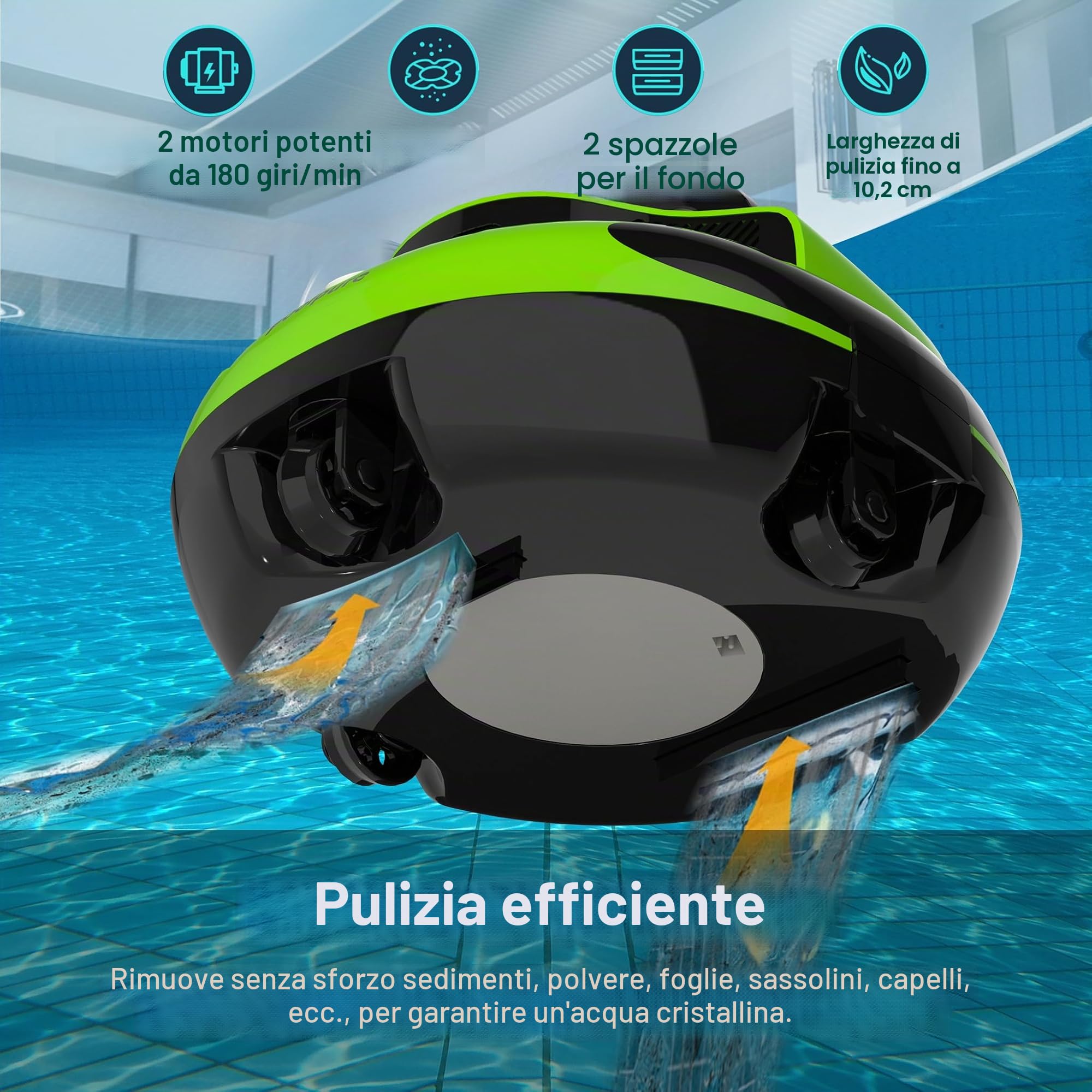 POOLPURE Aspirapolvere per Piscina, Batteria da 5000 mAh, Doppio Motore, indicatori LED, Funzione Self-Parking, IPX8, Impermeabile, Robot da Piscina Senza Fili per Piscine Piatte da 90 m²