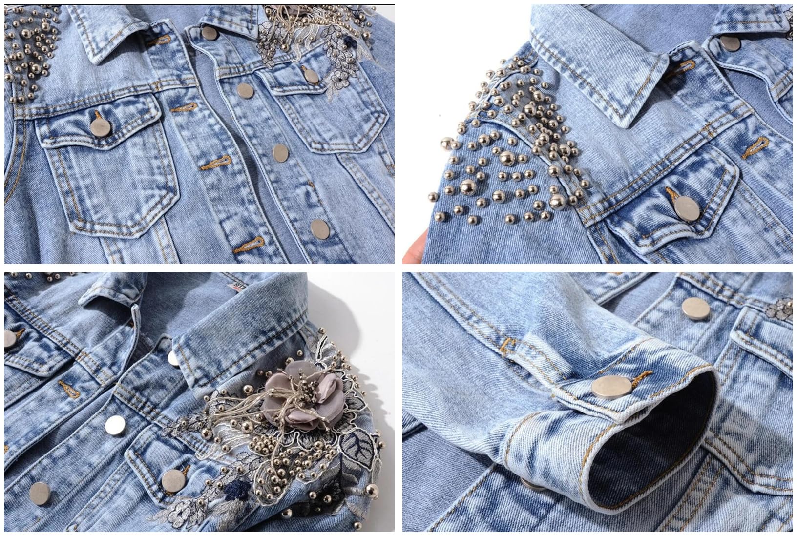 Kedera Damen Jeansjacke Langarm Westernnieten Nieten gewaschene Perlen Kurz Jeansmantel