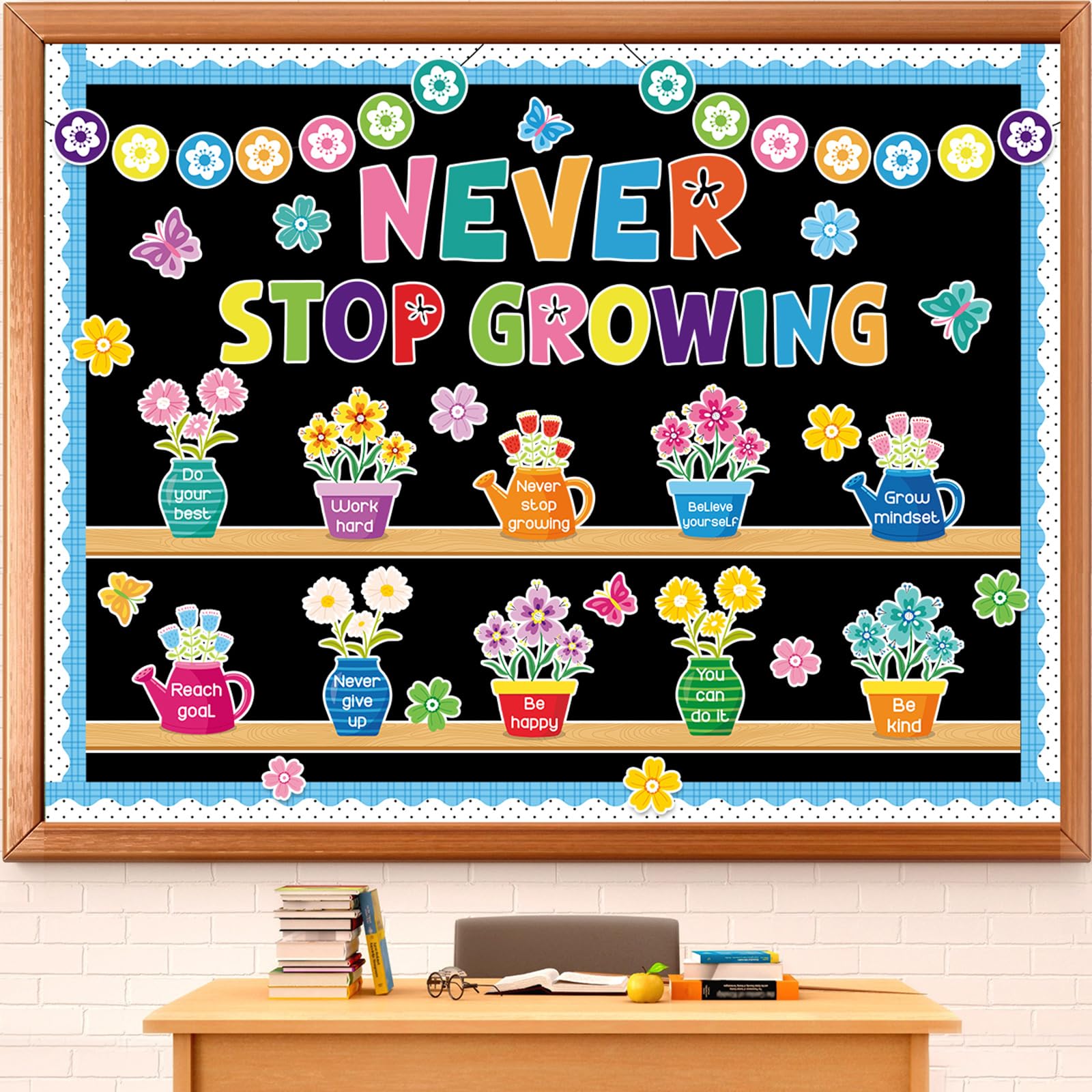 Yiaoyinnz 71PCS Never Stop Growing Bulletin Board Set DIY Flower Bulletin Board Decorations Positive Floral Butterfly Paper Cutouts for Teacher Back