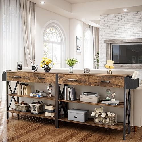 Miniatura 16 de Gizoon Mesa de entrada de 39 pulgadas con 2 cajones y estantes de almacenamiento de 3 niveles, mesa de sofá larga y estrecha industrial, mesa