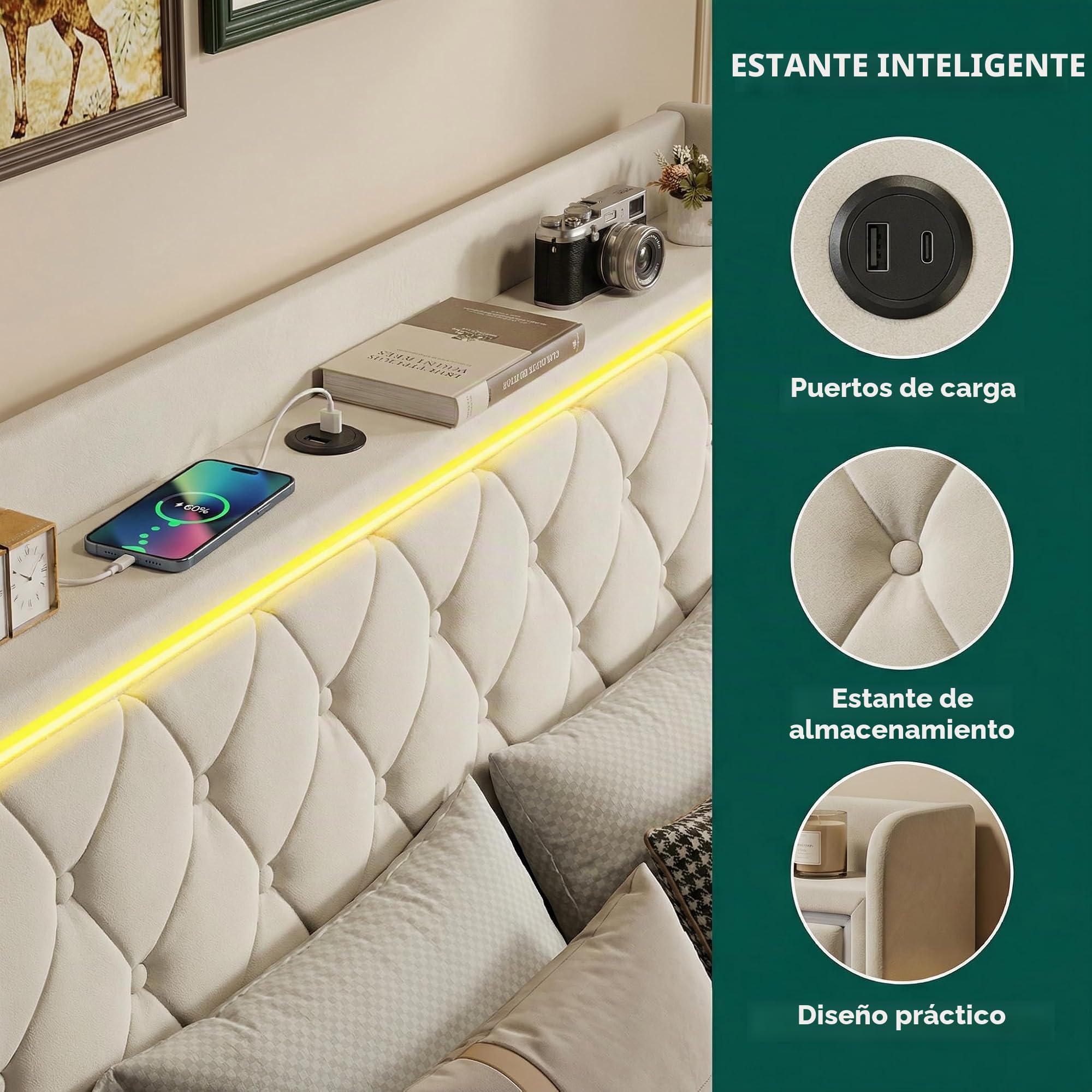 Cama Canapé 140x190 cm con LED y USB, Cama Doble Tapizada en Terciopelo Beige con Somier de Lamas, Cabecero con Almacenaje, Diseño Capitoné (Beige A, 140x190cm)