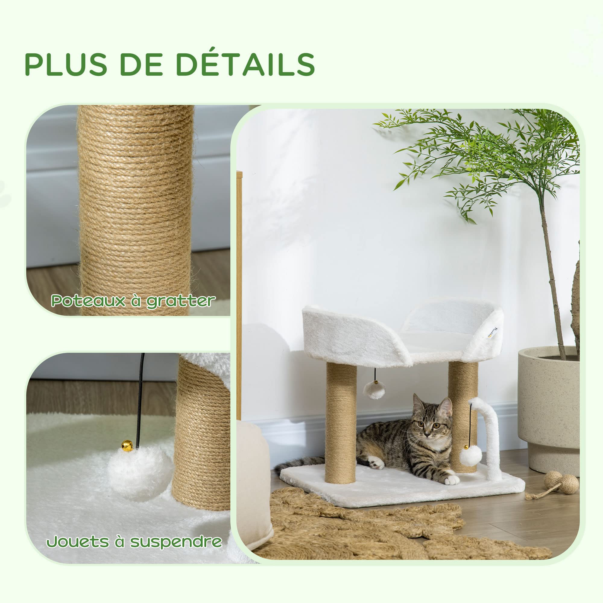 PawHut Design krabpaal met set met 2 hangende pompons, 2 sisalpalen pluche platform - 48 x 38 x 42 cm - sisal beige