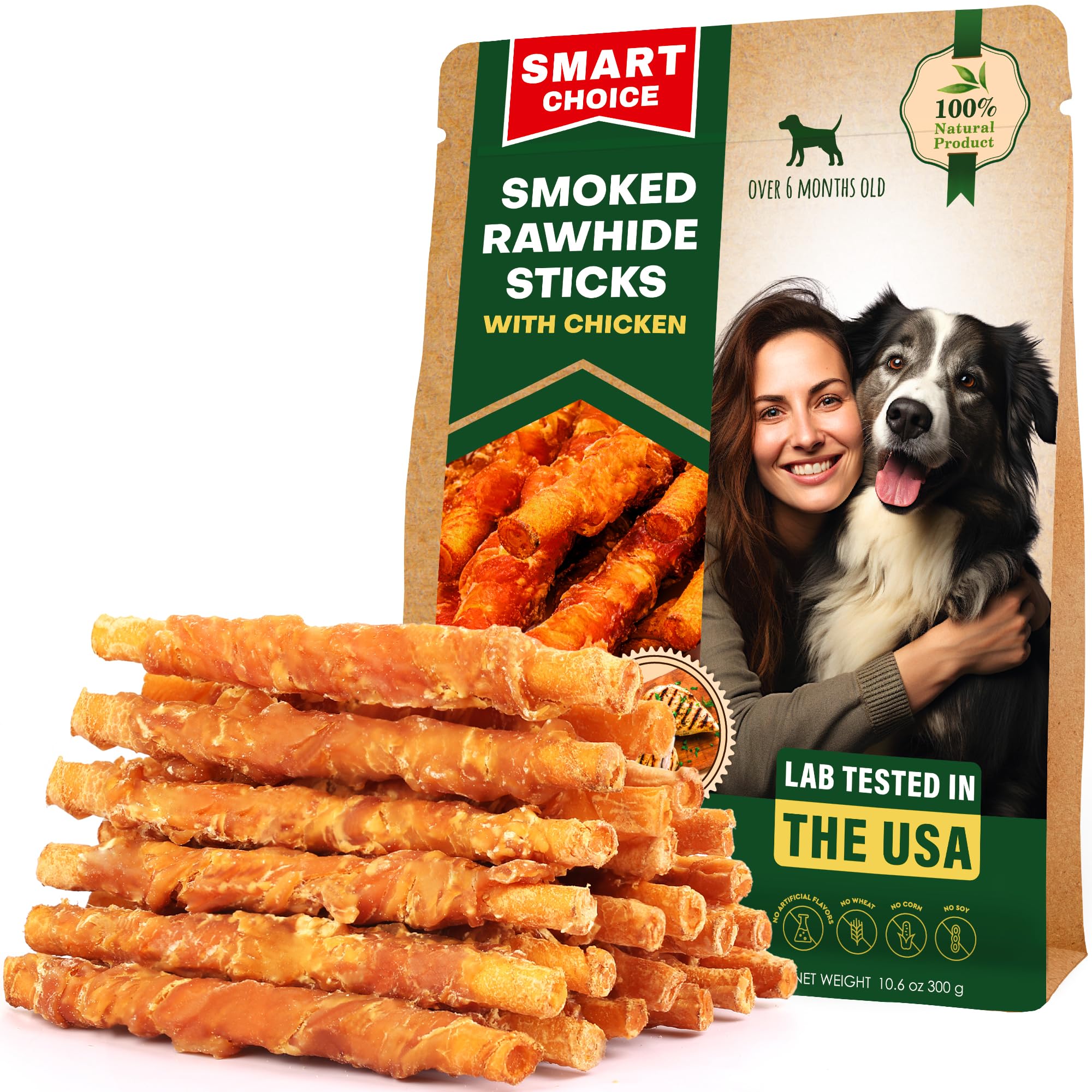 Dog Smoked Rawhide Sticks Wrapped Chicken & Pet Natural Chew Treats - Grain Free Organic Meat & Healthy Human Grade Dried Snacks in Bulk - Best Twists for Training Small & Large Dogs - Made for USA