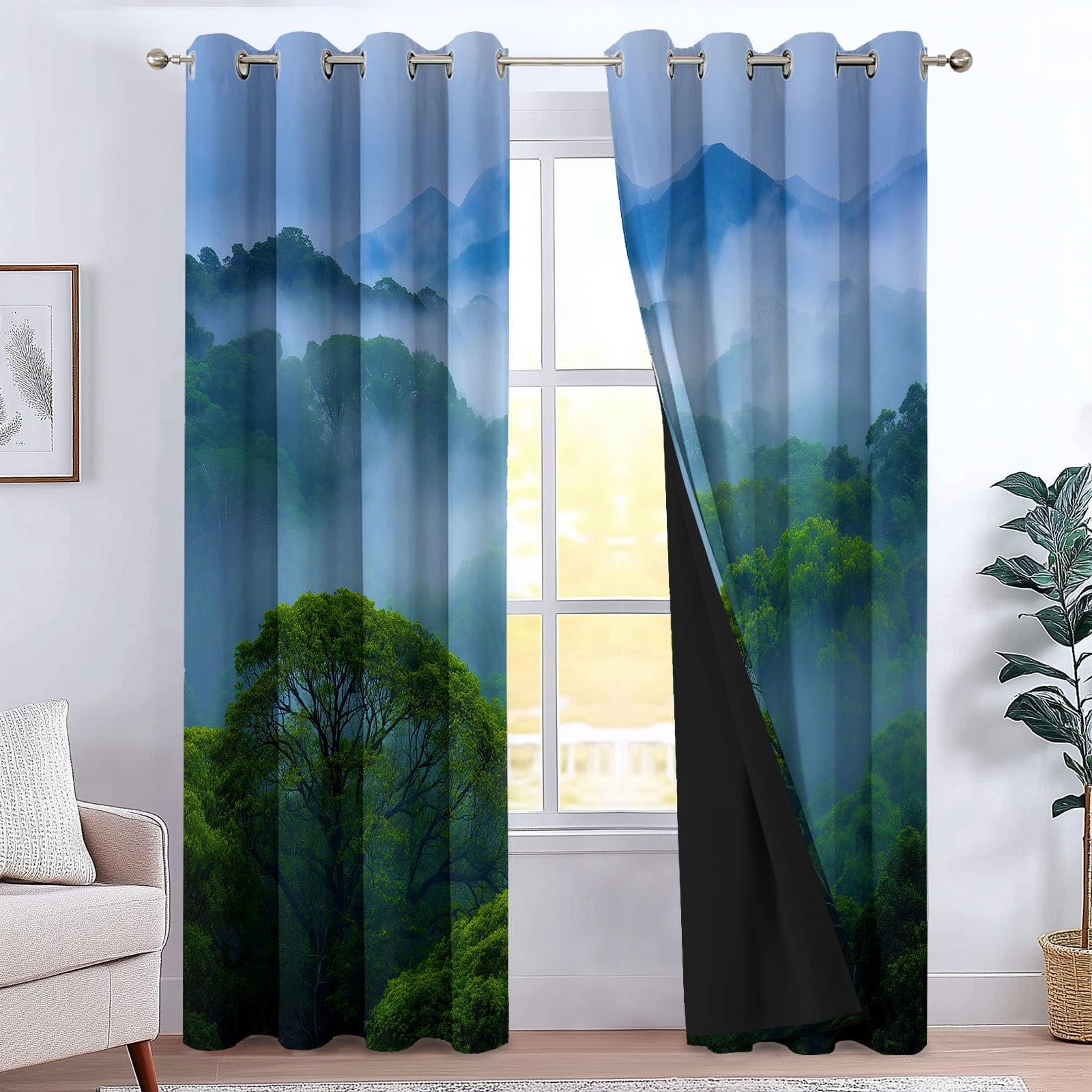 Zestaw 2 zasłon zaciemniających 110 x 215 cm (szer. x wys.), naturalne chmury lasu tropikalnego do wnętrz z oczkami zaciemniające, dekoracja do salonu, sypialni, okna, zestaw 2 sztuk