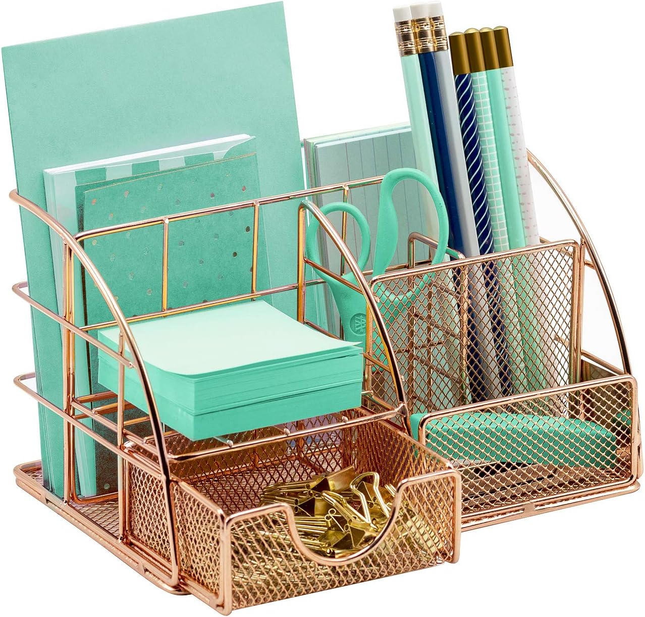 Sorbus Rose Gold Desk Organizer for Women, Cute Office Supplies Accessories All-in-One Desktop Caddy Includes Pen/Pencil Holder, Mail Organizer, and Sliding Drawer for Home or Office(Copper/Rose Gold)