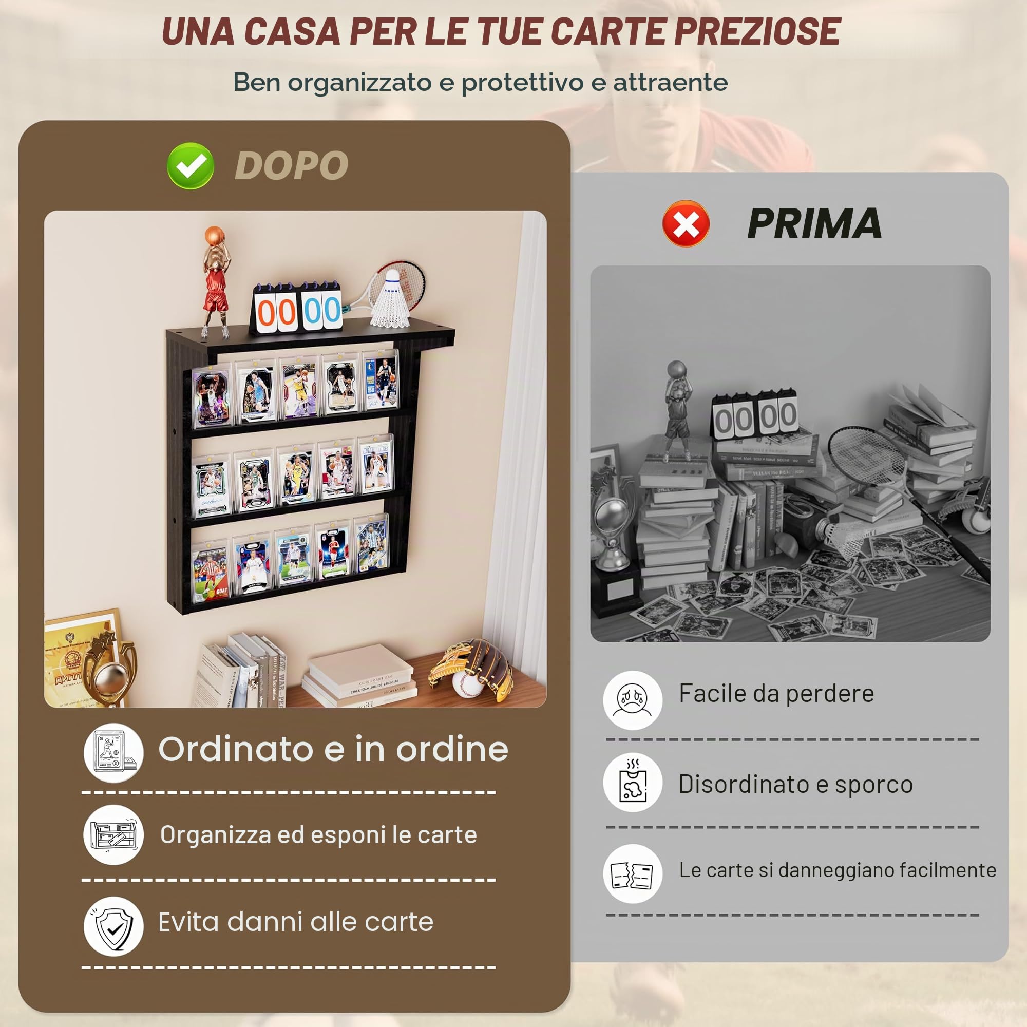 Portacard da Parete in Legno, 3 Livelli Espositore per Card Sportive e Collezionabili, Card Portacollezionabili per Appassionati di calcio e collezionisti (Nero)