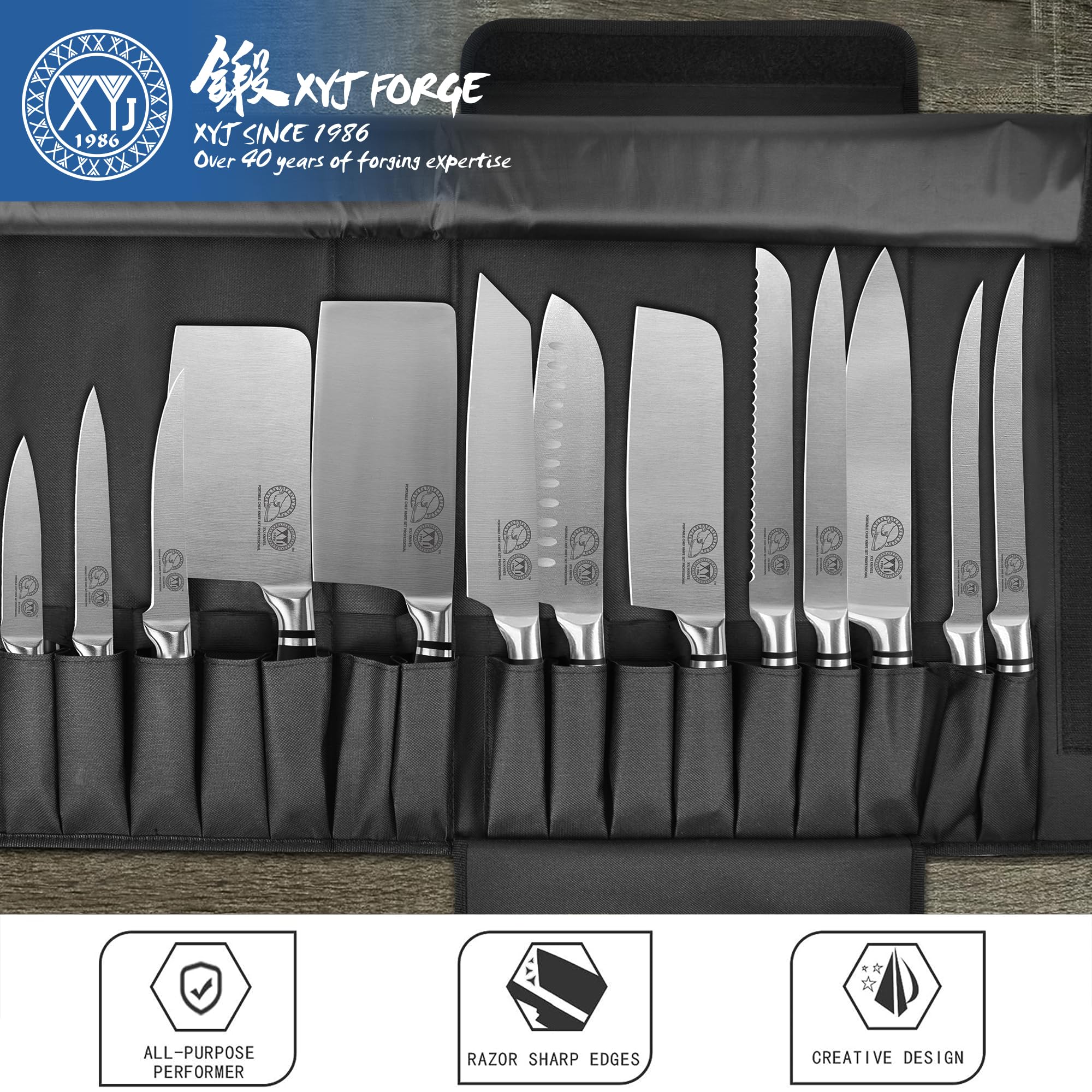 XYJ Authentic Since 1986, Set di coltelli professionali per i maestri chef, con sacchetto, fodero, coltelli da carne da cucina culinari, Santoku, Utility, acciaio inossidabile