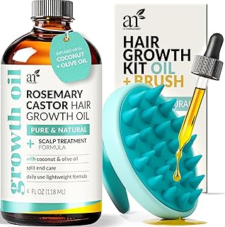 ArtNaturals Organic Rosemary & Castor Hair Growth Oil + Scalp Massager Set – Hair Relaxer for Dry, Itchy Scalp, Thickening & Hydration - Scalp Oil Products For Damaged Hair & Split Ends – 4.0 oz