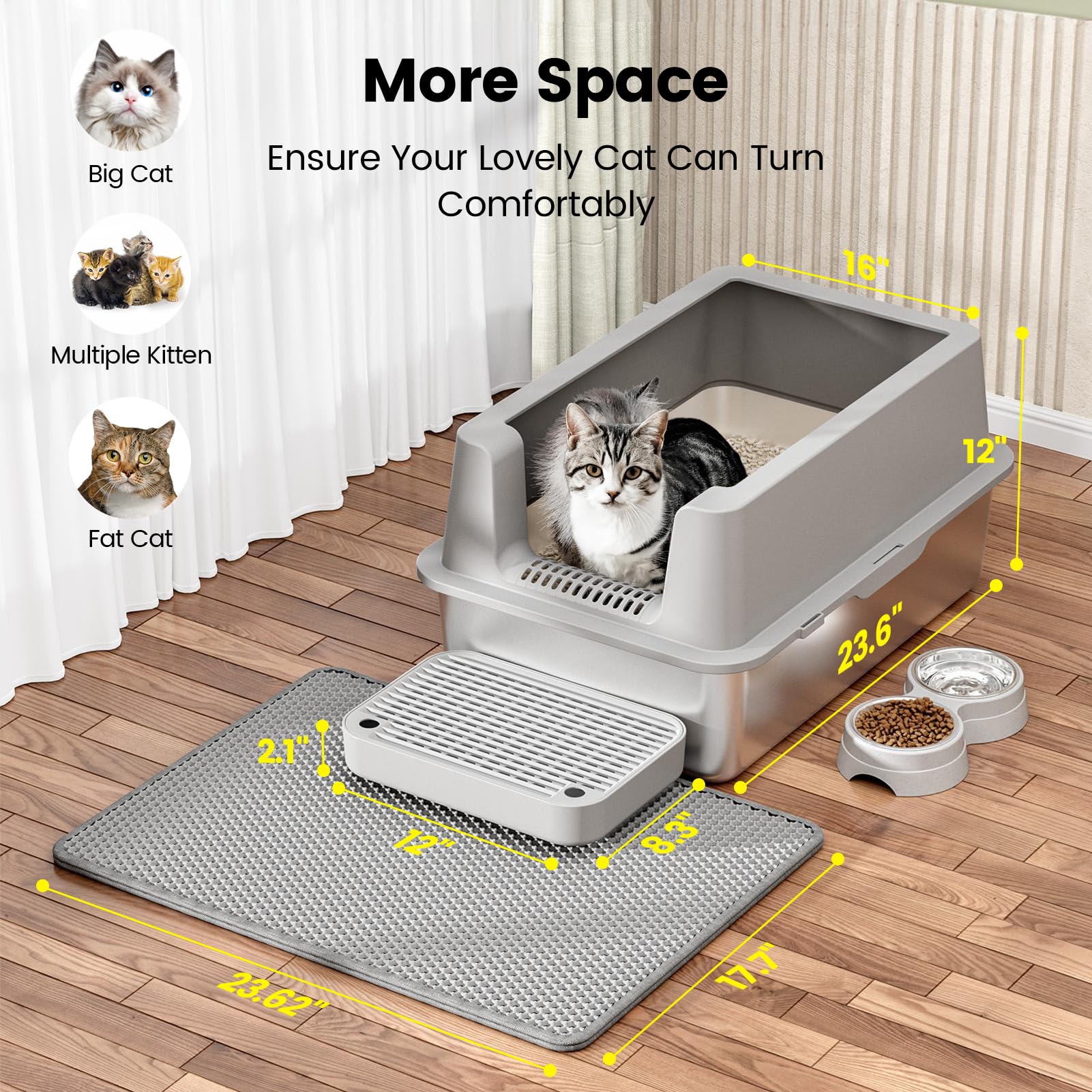 Stainless Steel Cat Litter Box - Enclosed XL Metal Kitty Litter Box with Lid for Big Cats, High Sided, Anti-Leakage, Easy Cleaning, Non-Sticky, Included Spoon & Aisle (Khaki) - image 7