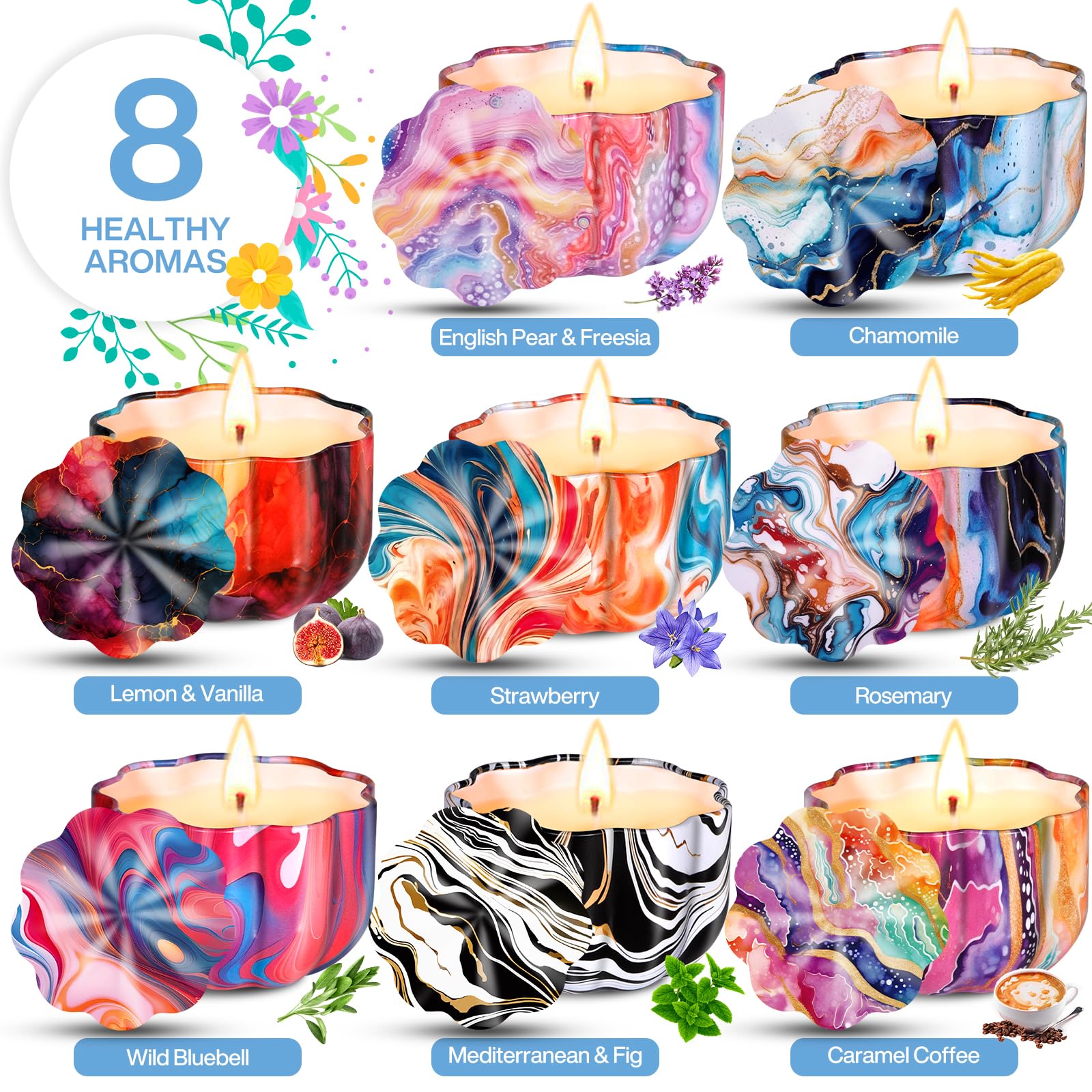 Set 8 Candele Profumate In Cera Di Soia - Aromaterapia Per Relax Con Lavanda, Vaniglia, Agrumi E Altri - Foto 6