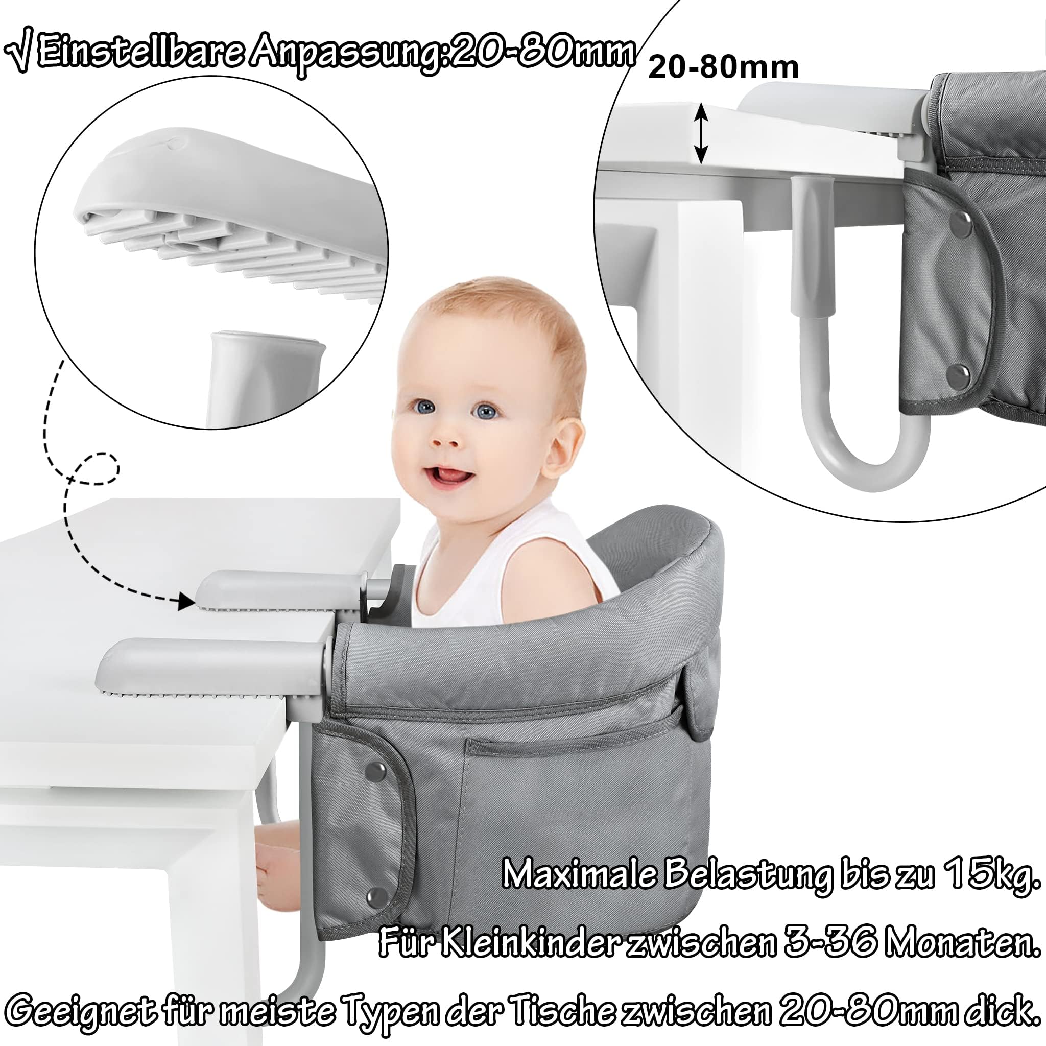 Siège de table pour bébé - Assistance pour enfants - Chaise haute portable pour enfants - Pour la maison et les déplacements - Siège booster avec pinces antidérapantes et sac de siège - Gris
