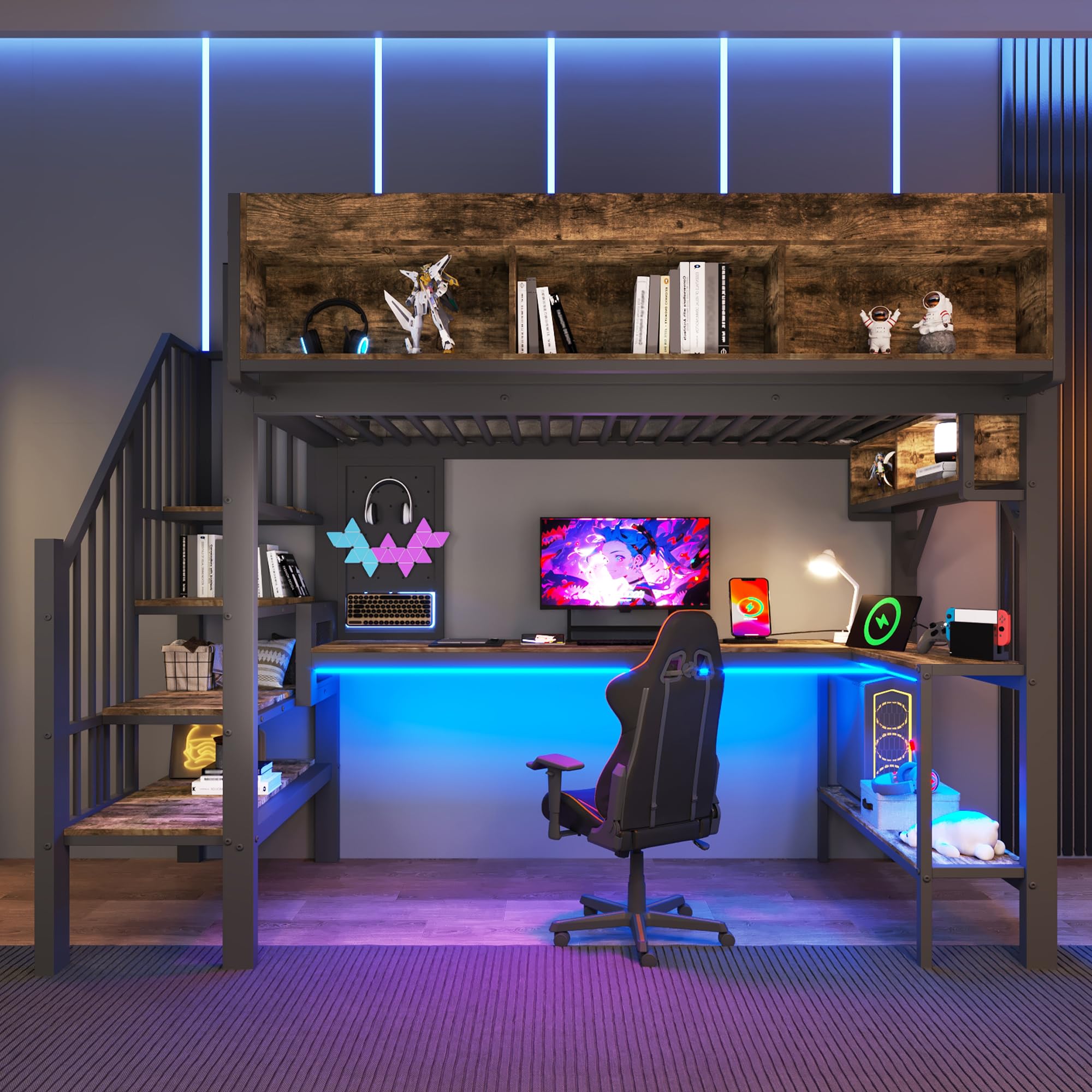 Merax Letto a soppalco in metallo, 90 x 200 cm, con scrivania angolare, spazio e piastra forata, presa USB di tipo C e LED, scala di sicurezza con gradini, per bambini e ragazzi, senza materasso