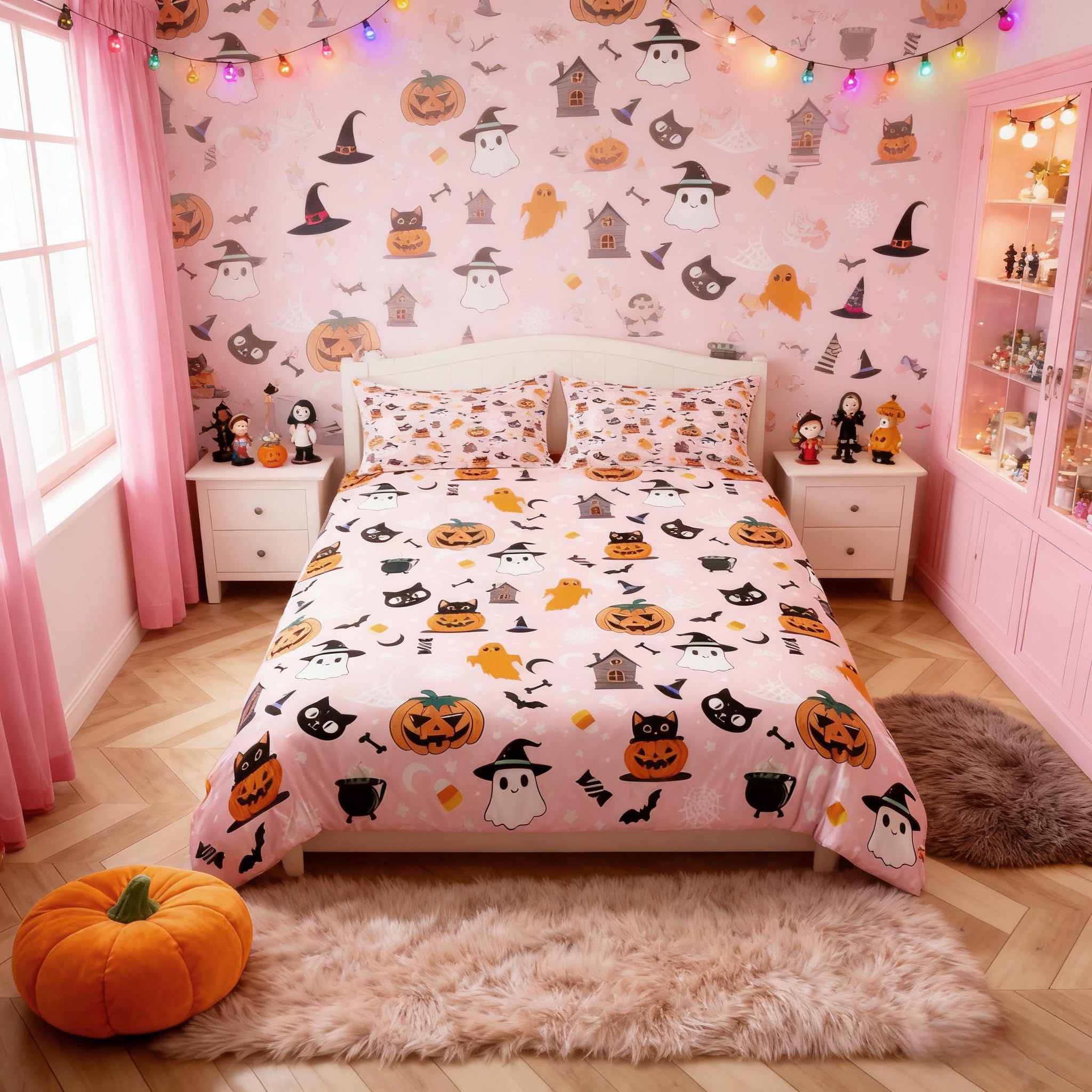 feelingyou Happy Halloween Duvet Cover Single Size,Cute Ghost Black Cat Pink Comforter Cover for Kids Teens Adults Bedroom Decor,Pumpkin Smiling Bat Pumpkin Bedding Set 1 Pillowcase,No Comforter โ image 1
