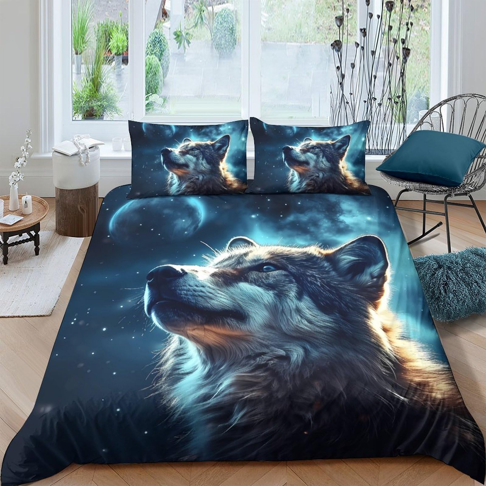 TUFRTGYHN 3D Printed Wolf Moon Duvet Cover Microfiber Soft Breathable Forest Night Bedding Set with 2 Pillowcases for Bedroom Decor 120x220 Single（135x200cm）