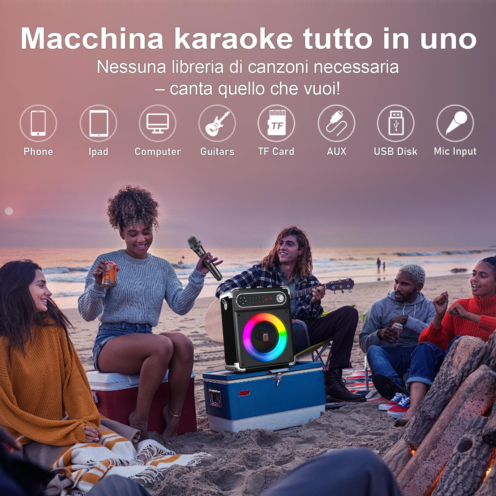 JYX Karaoke con 2 Microfono, Sistema Portatile 6,5'', 80W Cassa Bluetooth 5.3 Altoparlante, Controlli per alti/bassi e luce LED, Compatibile TWS, USB/TF/Radio FM, Funzione Registrazione, Nero