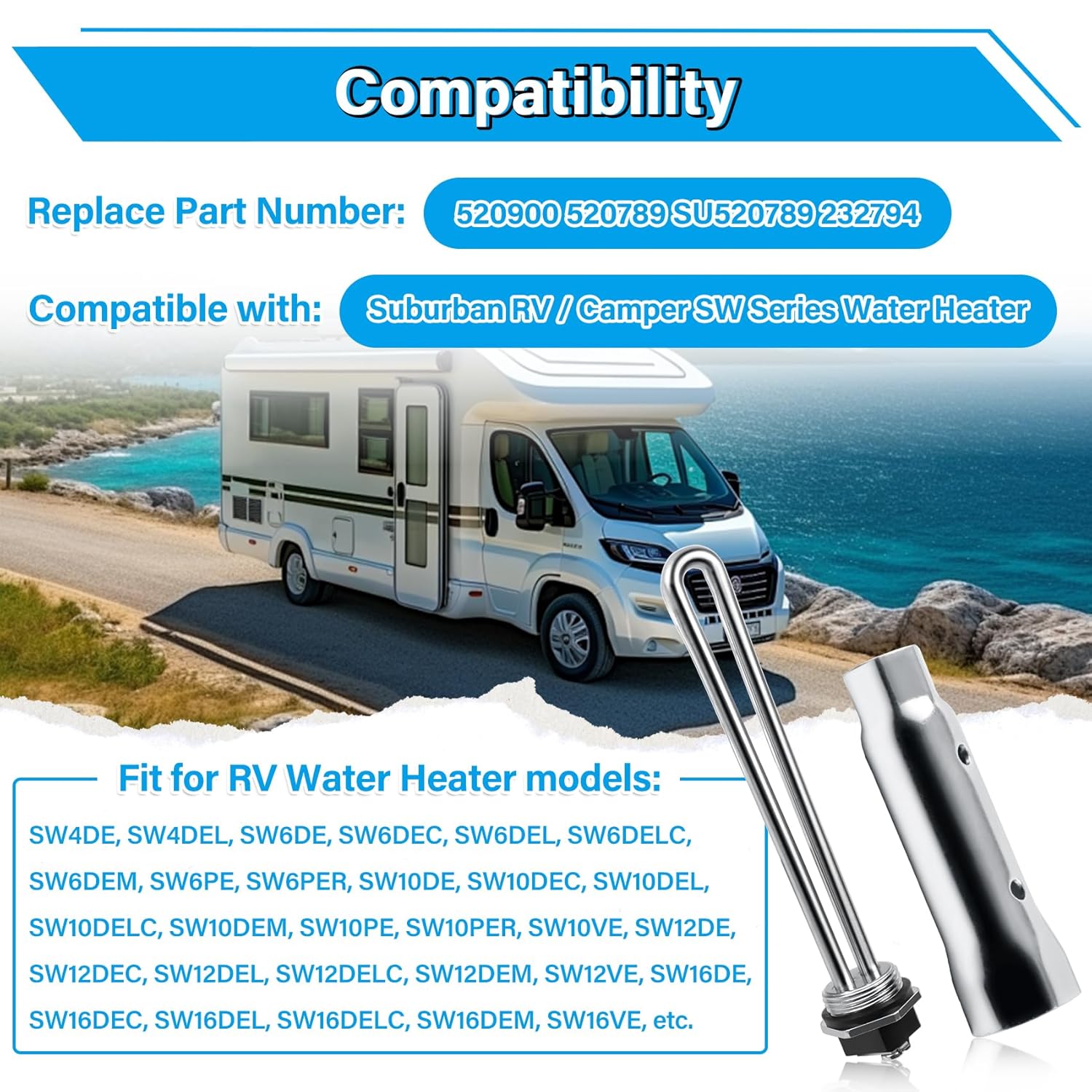 520900 RV Water Heater Element Kit for Suburban RV SW Series Electric Water Heater, Replacement Part 520789 SU520789 232794 Heating Element, Screw-in Type, 1440W 120V, with Gasket and Wrench Socket