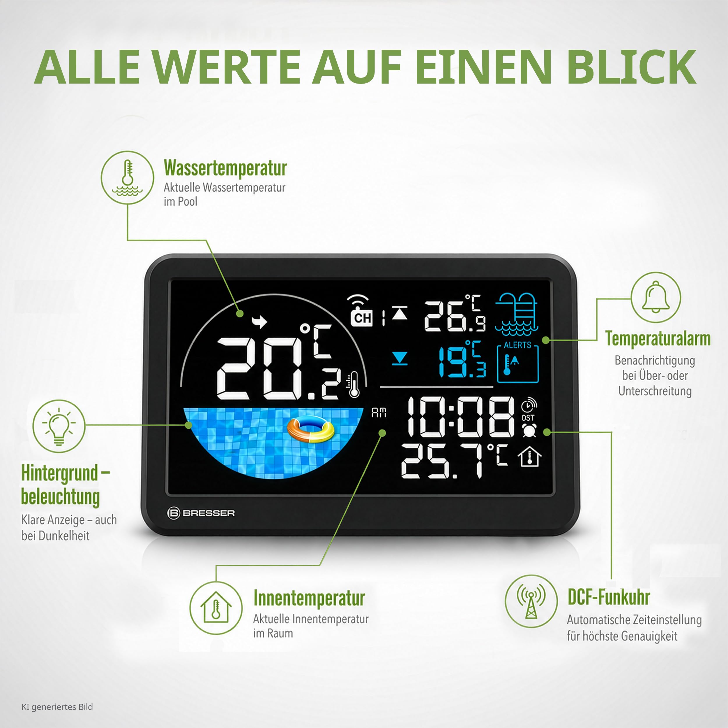 Termometro piscina wireless Bresser con pannello solare, temperatura acqua & stanza, allarme, orologio radio, IPX7