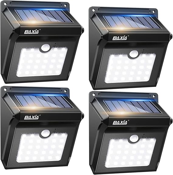 BAXIA TECHNOLOGY Luces solares para exteriores, sensor de movimiento de seguridad inalámbrica, luces solares para exteriores, impermeables, para puerta delantera, patio, escalones, garaje, jardín (400 lúmenes, 4 paquetes)