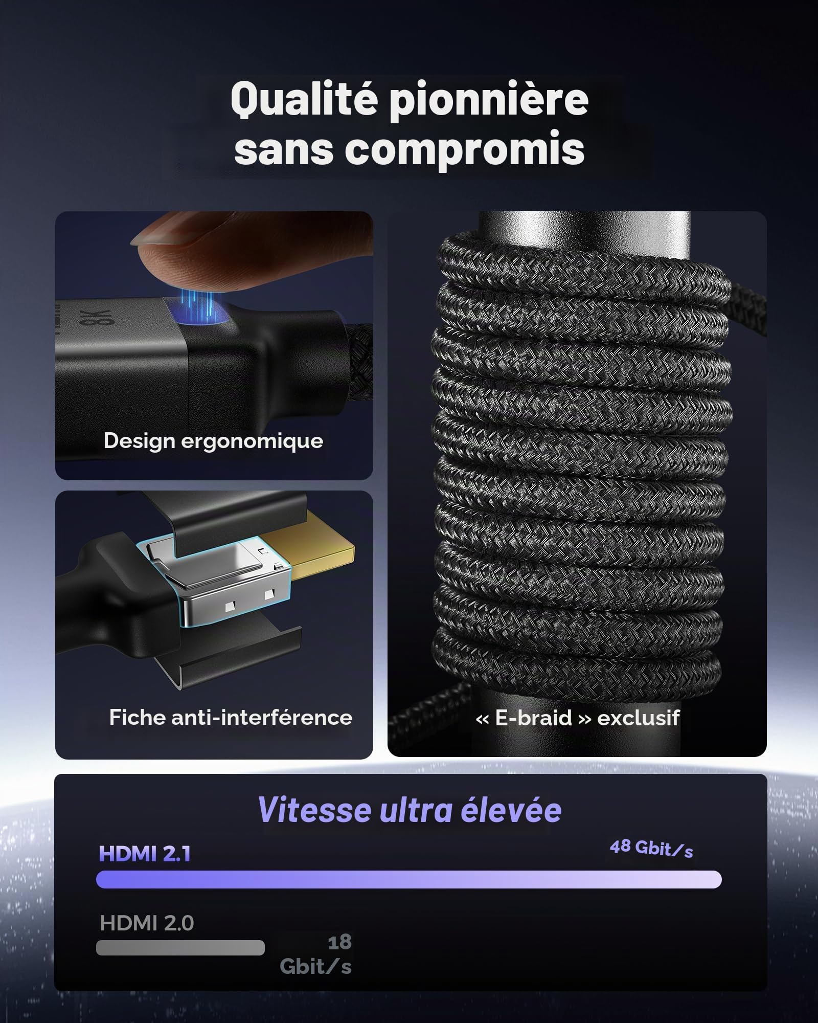 Silkland Câble HDMI 10K 8K 12m, Câble HDMI 2.1 PS5 4K@120Hz/144Hz, eARC HDR10 DTS:X HDCP2.3 pour HDTV/Barre de Son/Blu-ray/Projecteur/Ordinateur Portable/Ecran/PC