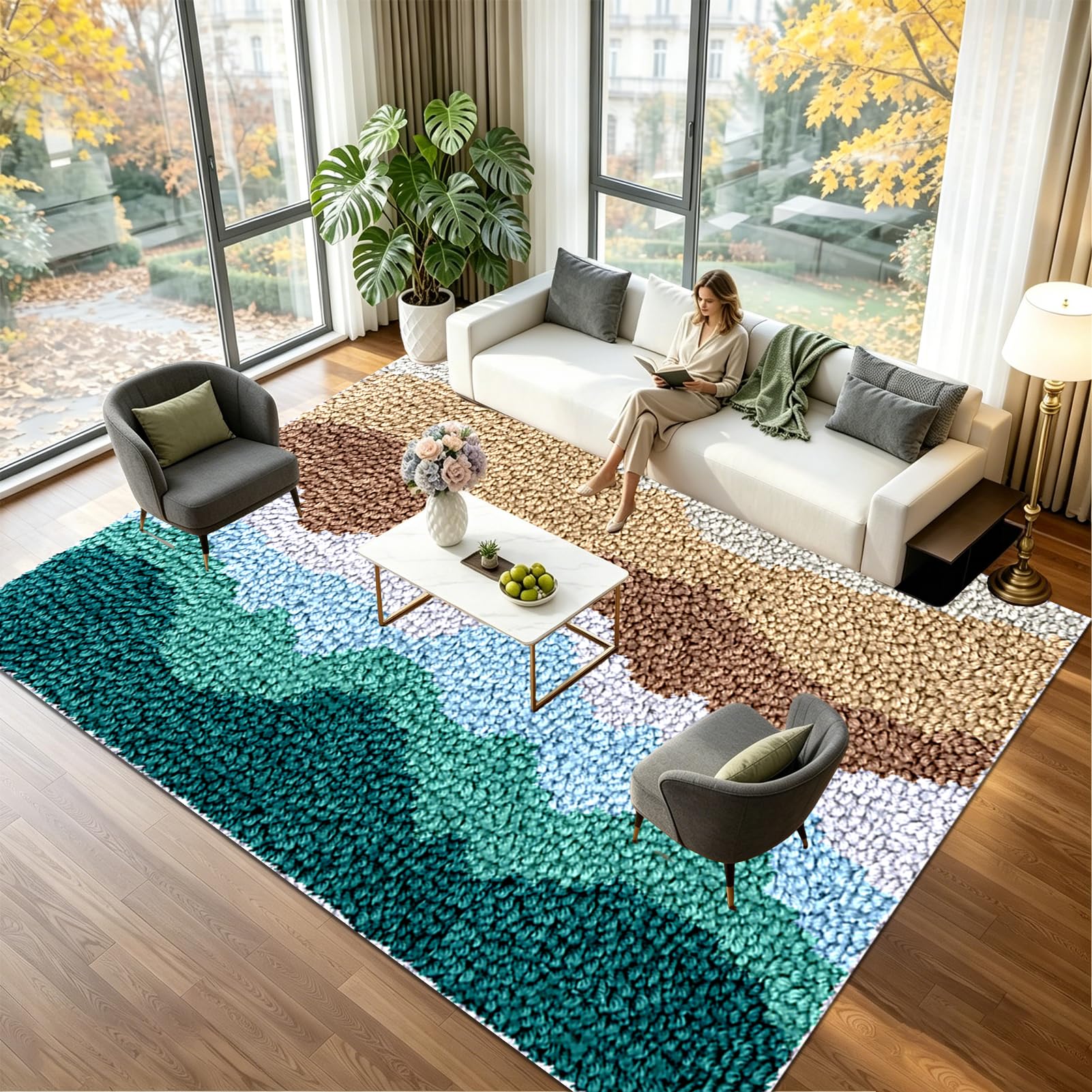 Knüpfteppich Zum Selber Knüpfen DIY Knüpfhaken-Sets für Anfänger Groß Vorgedrucktes Muster Leinwand Teppich, Stickerei Handwerk Für Erwachsene Handarbeiten Teppich 61x87 cm