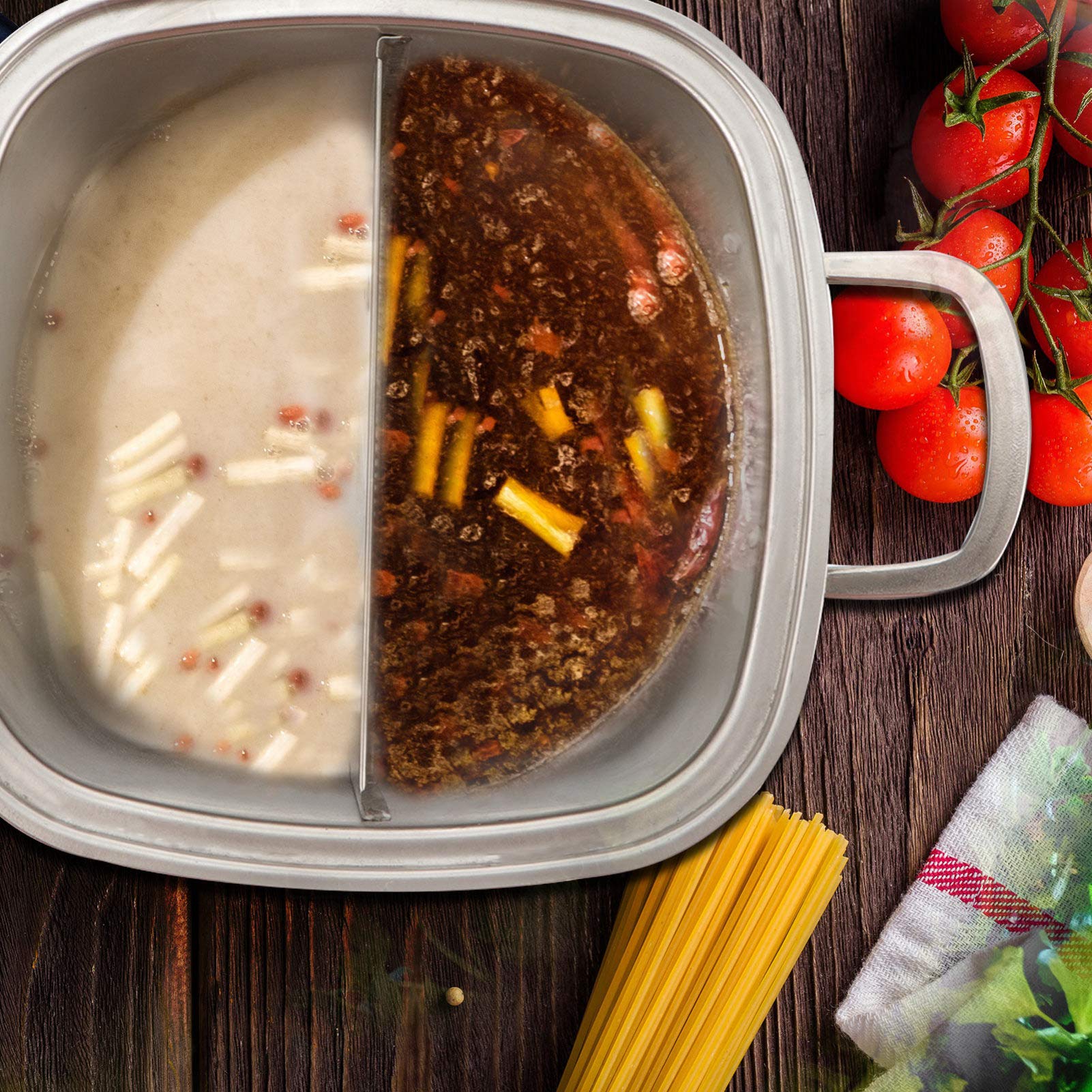 Hot Pot Con Divisore Da 32 Cm - Pentola Shabu Doppia, 4L, Acciaio Inox, Per Fondue E Zuppe - Foto 5