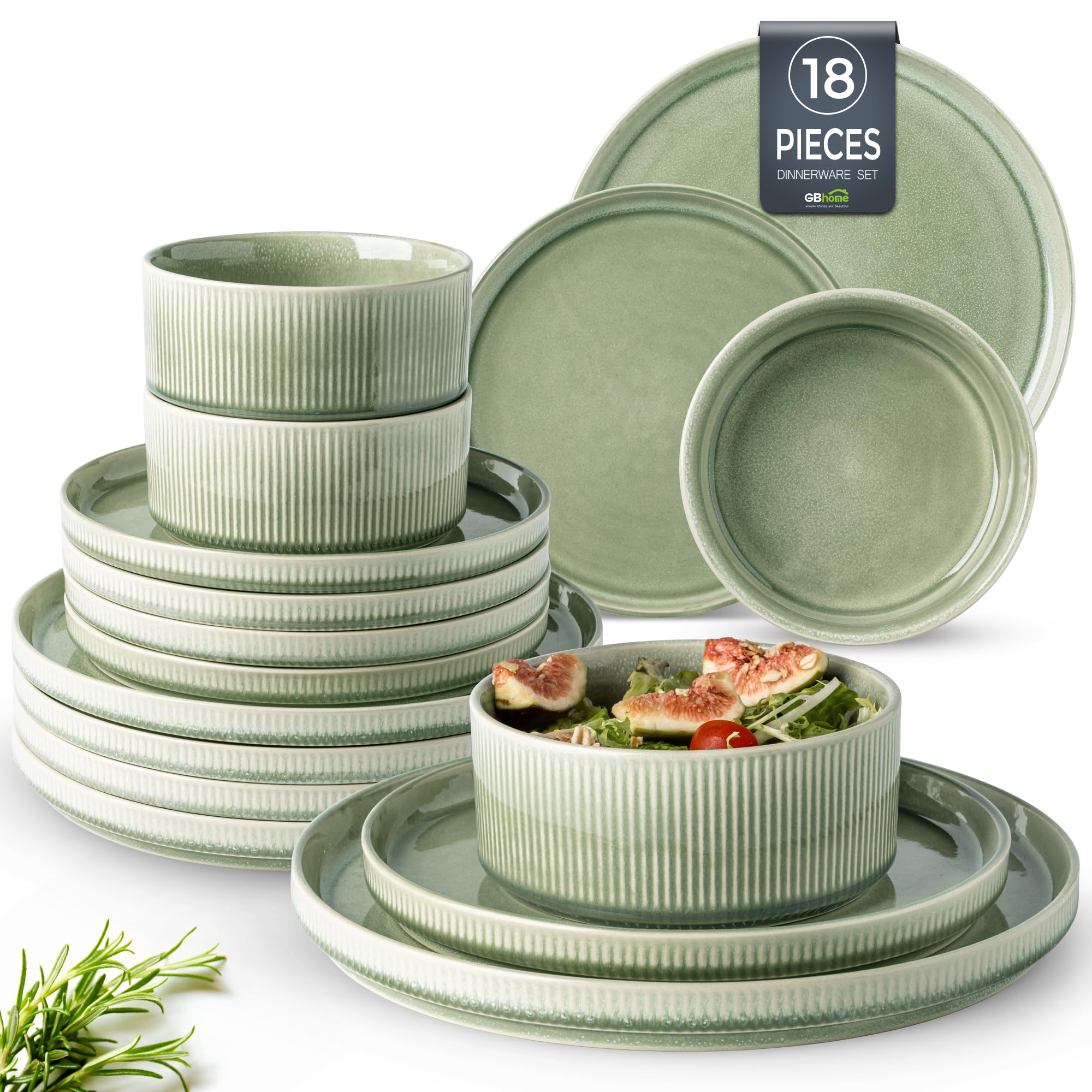 GBhome Stoneware Dinner Sets for 6 People, 18 Pieces Reactive Glaze Handcrafted Plates and Bowls Set, Scratch Resistant Dinnerware Set, Dishwasher & Microwave Safe Crockery Set, Light Green