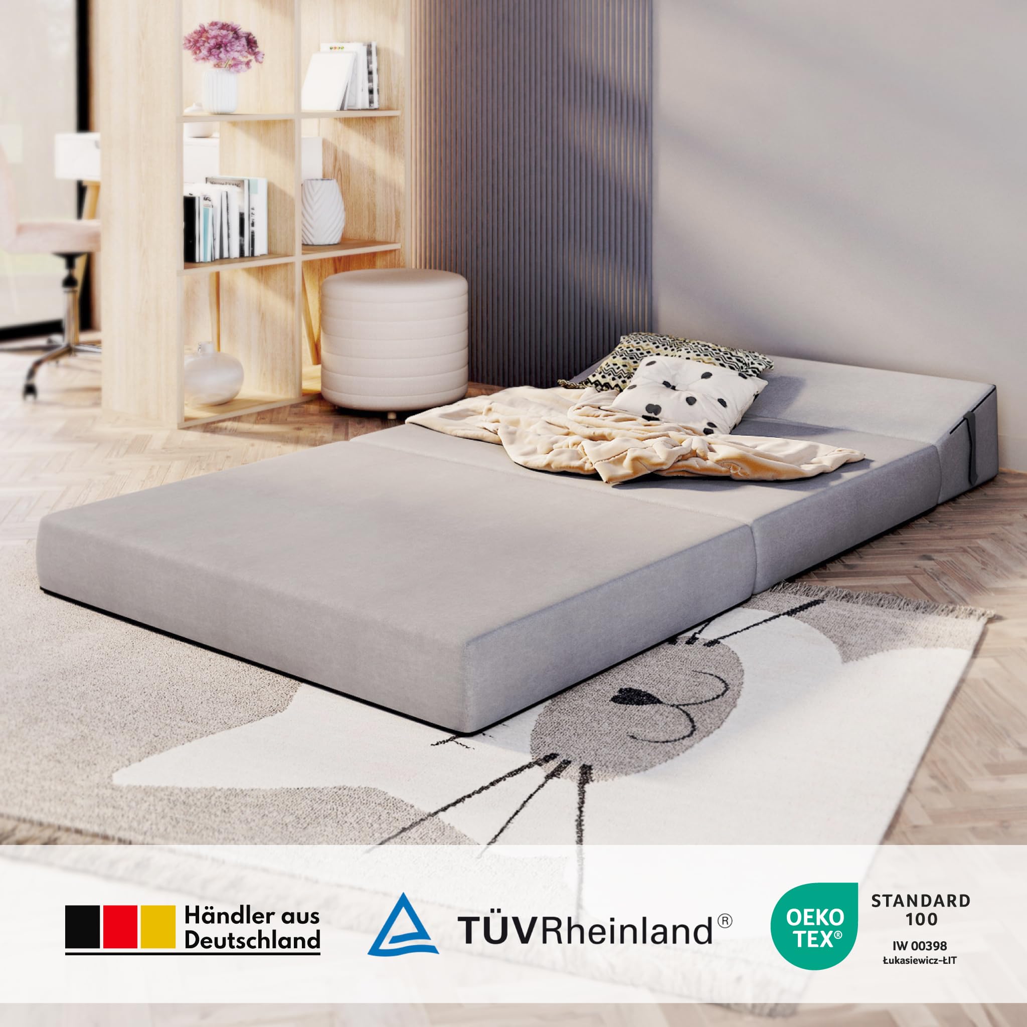 FDM Składany materac SUZI MAXI 120 x 200 cm, materac z zimnej pianki, wysokość 14 cm, stopień twardości H3, Öko-Tex, nadaje się dla alergików, poszewka Trinity, nadaje się do prania, kolor czarny