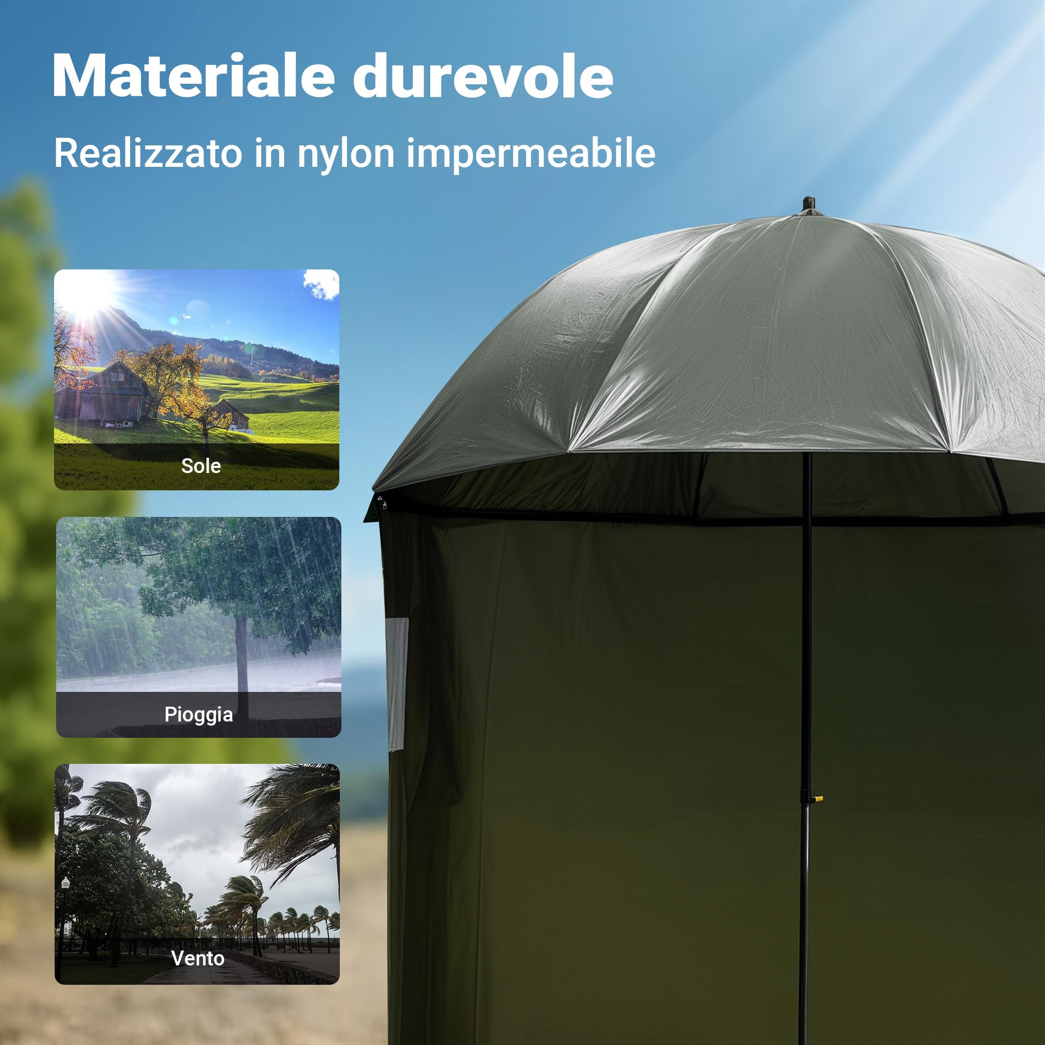 Wiltec Ombrellone da pesca con tenda e due finestre 250 cm Protegge da vento e pioggia