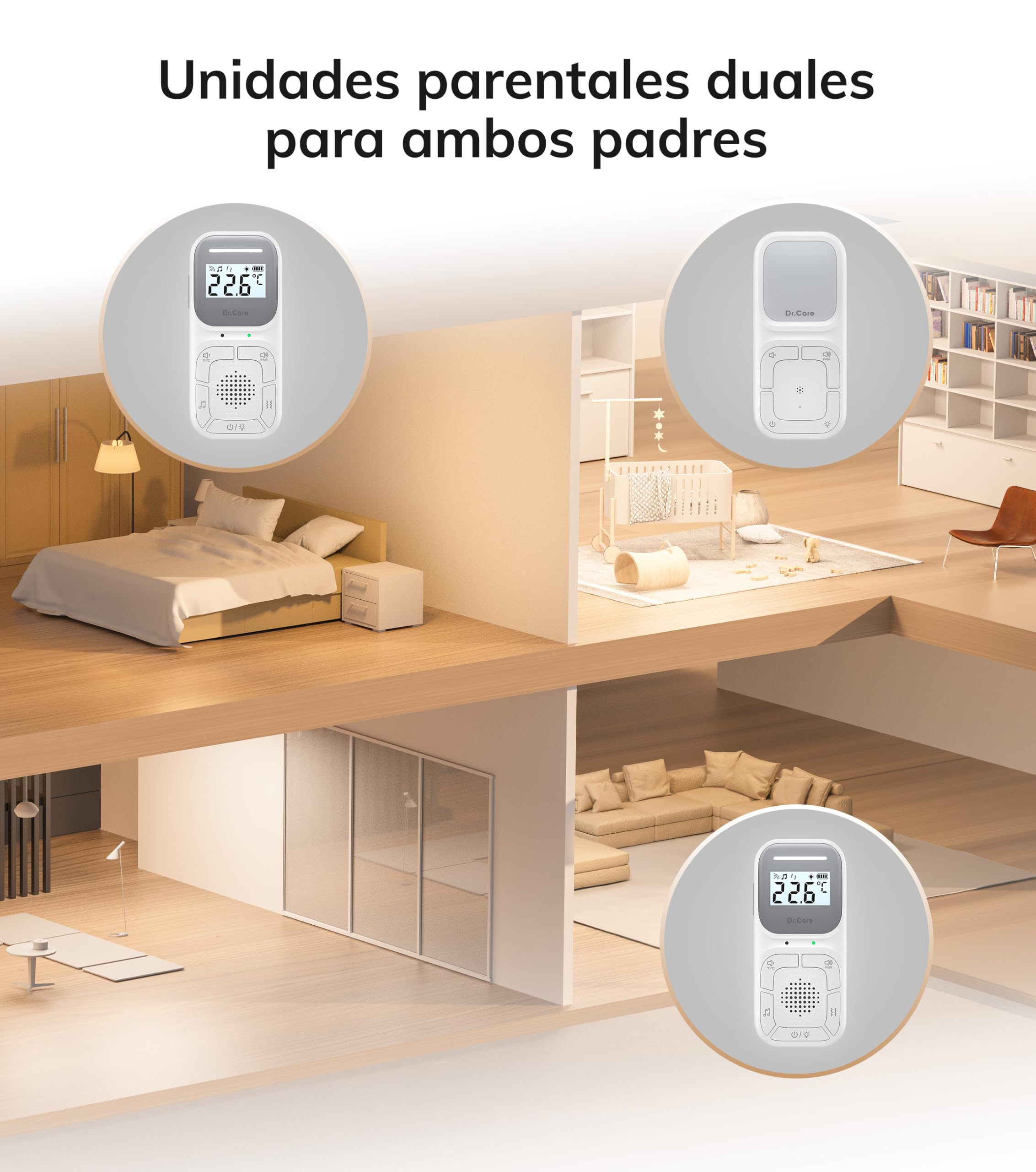 Dr.Care Neo Audio - Monitor de Bebé Preemparejado, Conversación Bidireccional, VOX, Luz Nocturna, Canciones de Cuna, Alerta Vibratoria, Rango 1000 Pies, Altavoz y Micrófono, Clip Portátil, Sin WiFi