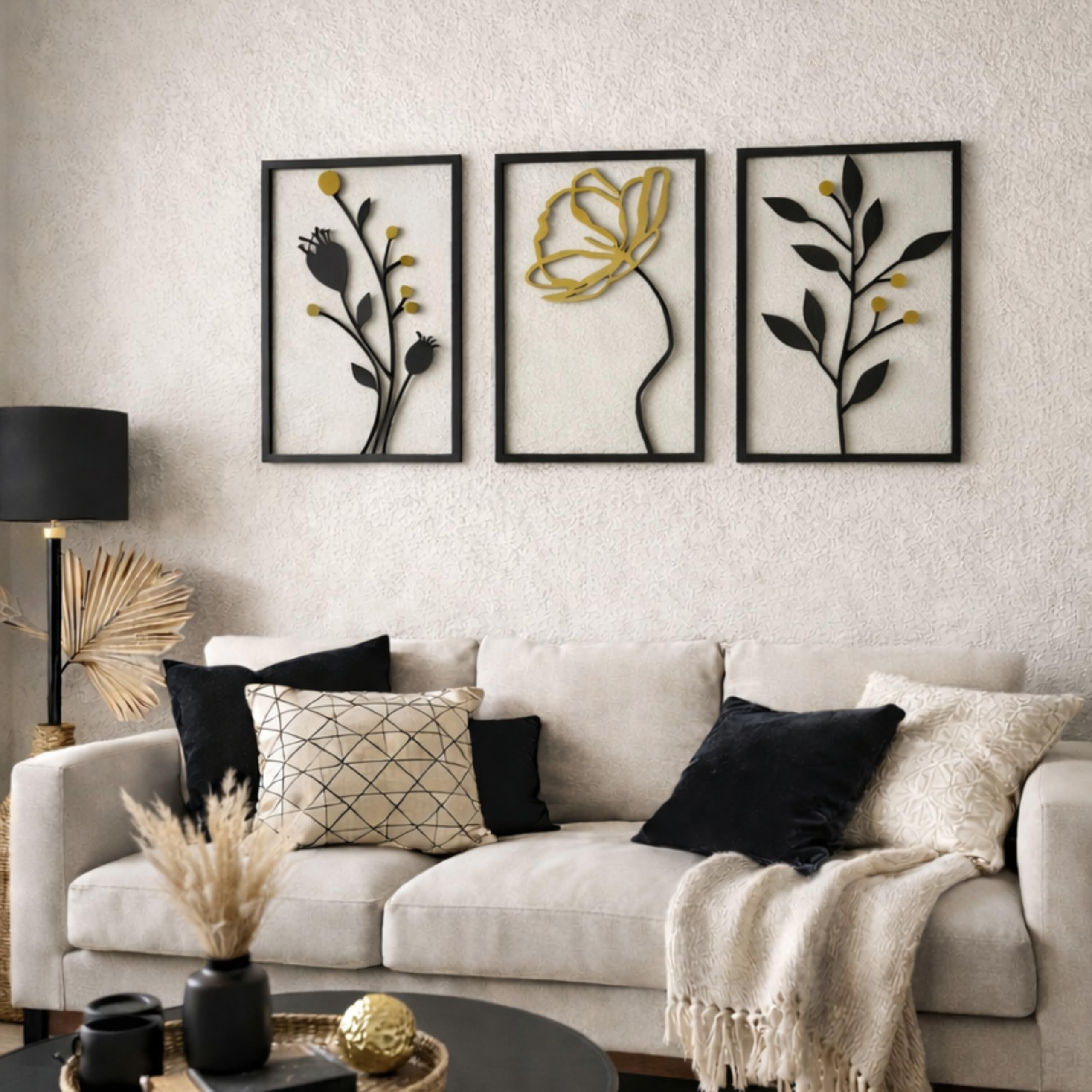 Outentin 3D Holz Wandbild Set – Moderne Wanddeko aus Holz 5mm – Wandkunst & Wandskulptur für Wohnzimmer, Schlafzimmer & Büro – Abstrakte, Boho & Zeitlose Holzdeko (43x85,5 cm, Goldene Blumen)