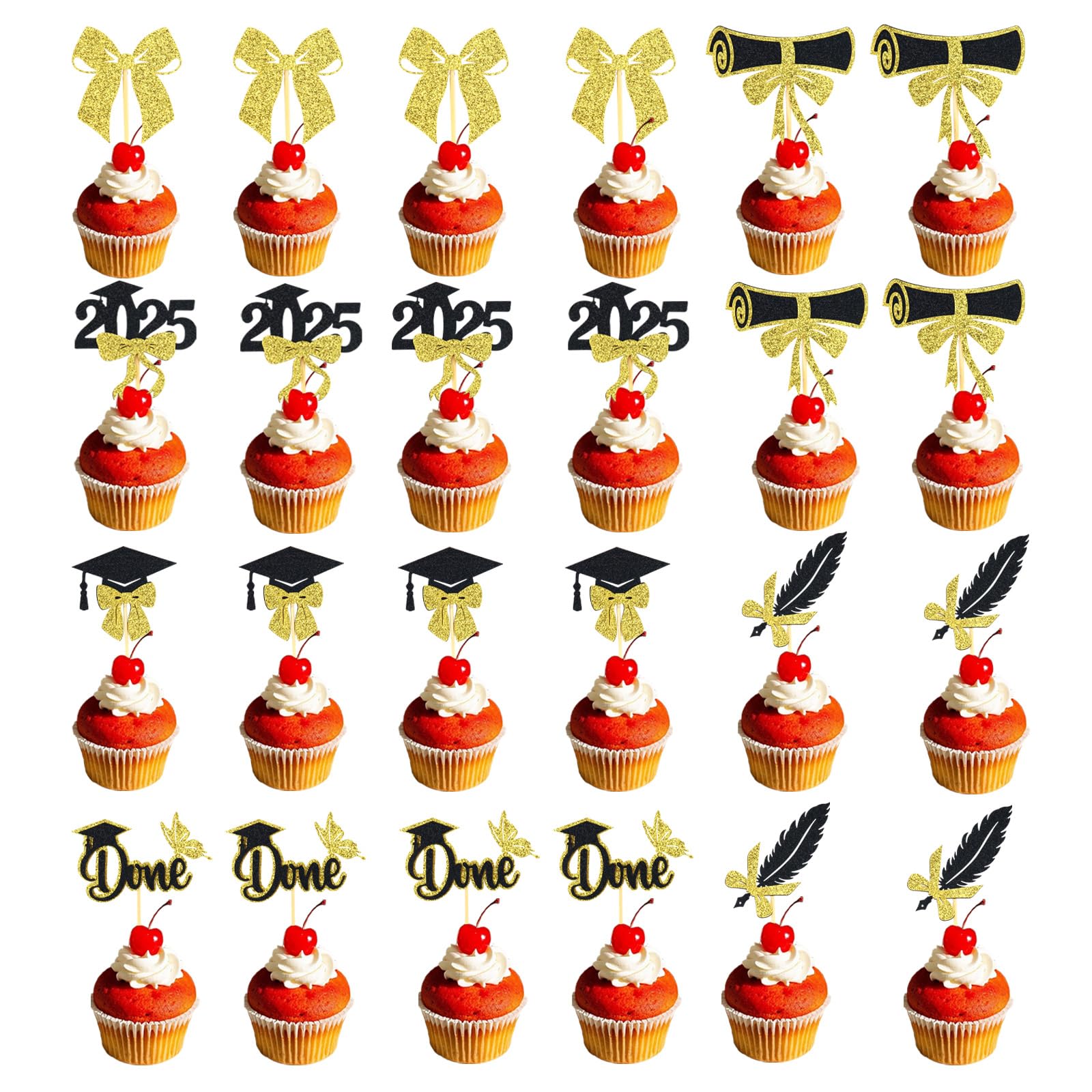 24pcs 2025 Graduation Cupcake Toppers, Glitter Congrats Class of 2025 Grad Cap Diploma Cupcake Picks 6 Styles Graduation Theme Cake Sticks Decorations