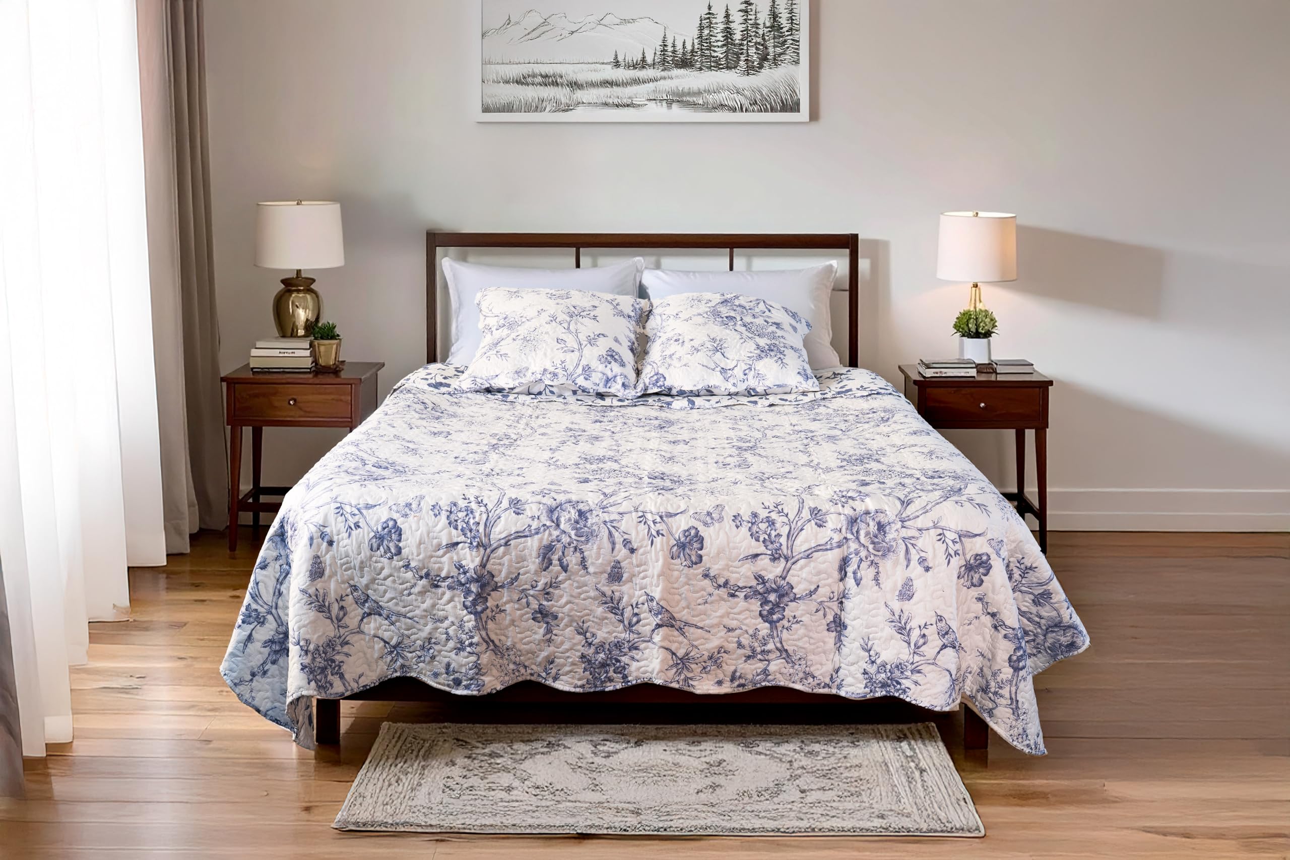Boutis Patchwork Bleu Jouy, narzuta na łóżko 230 x 250 cm z 2 poszewkami na poduszki 65x65 cm, pikowana narzuta dla 2 osób, narzuta na łóżko kwiatowe, prezent na Dzień Matki