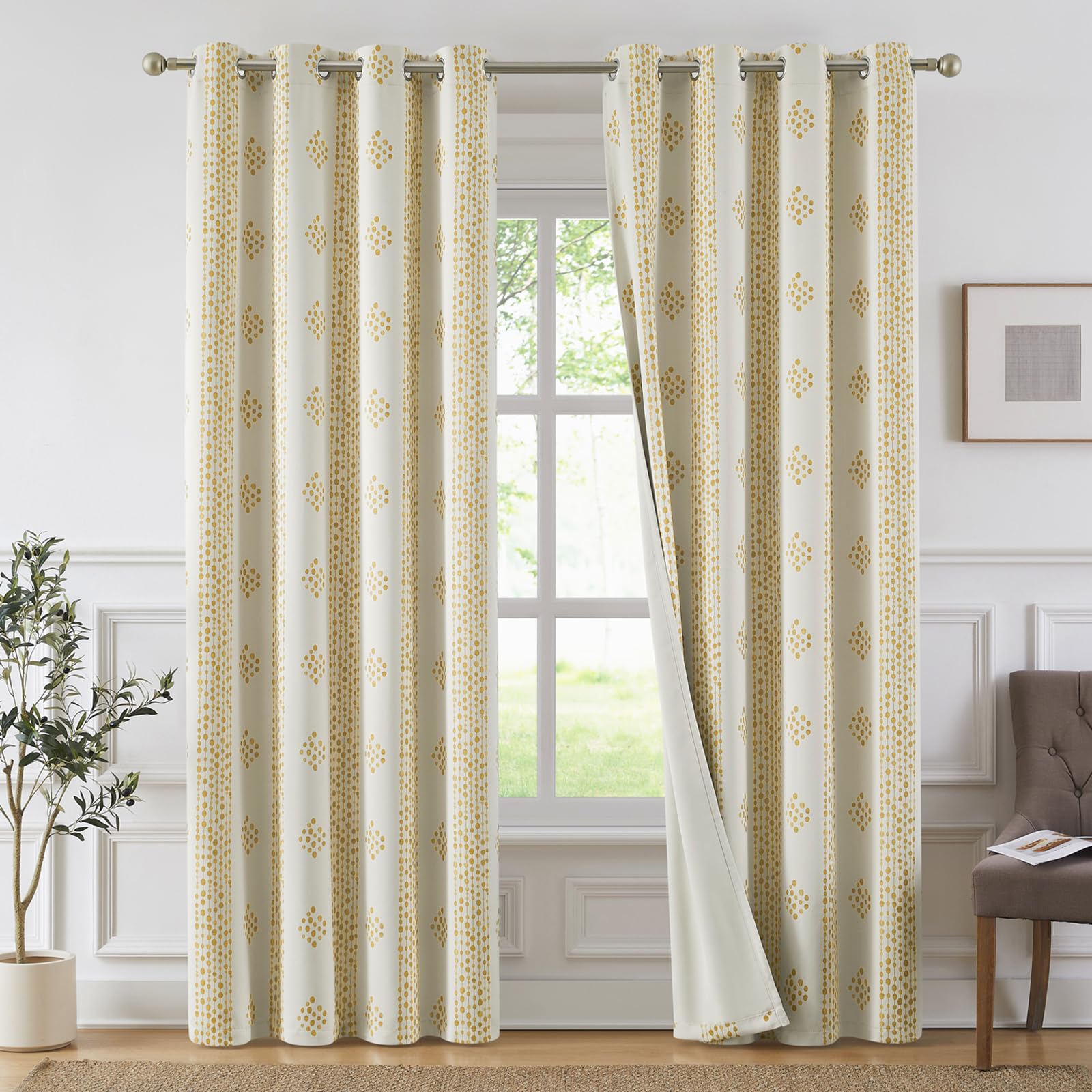 Melodieux Boho Blackout Curtains 84 Inch Length 2 Panels Set, Bedroom Living Room Darkening 80% Light Blocking Yellow Striped Curtains Boho Patterned