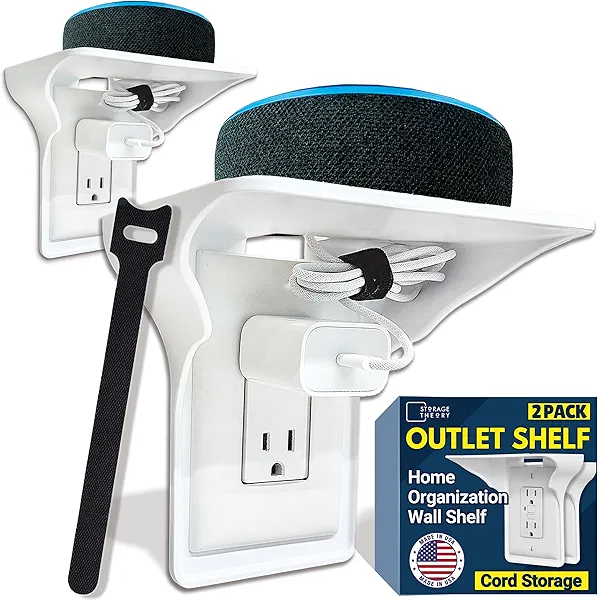 Power Perch Wall Outlet Shelf with Cord Storage Strap – Electric Toothbrush Holder for Bathroom Organization – Small Wall Shelf for Alexa Dot Holder, Apple Homepod Mini Wall Mount – White, 2