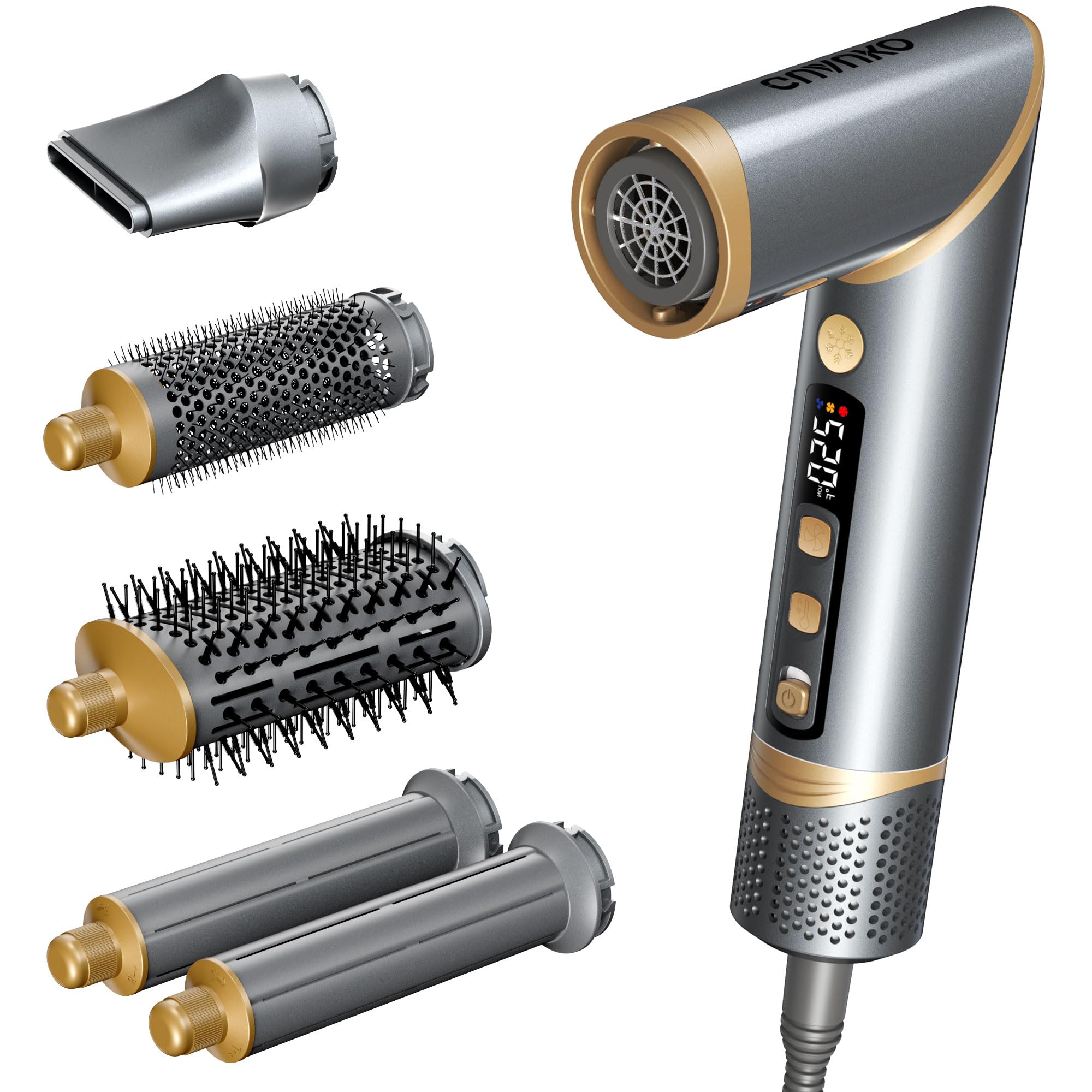 Hair Dryer Brush & 5 in 1 Hair Styler: Powerful Hair Blow Dryer & Multi-Styler with Auto-Wrap Curlers Quick-Drying Nozzle, Oval Brush, Round Smoothing Brush and Added Insulated Gloves, Comb, 2* Clips