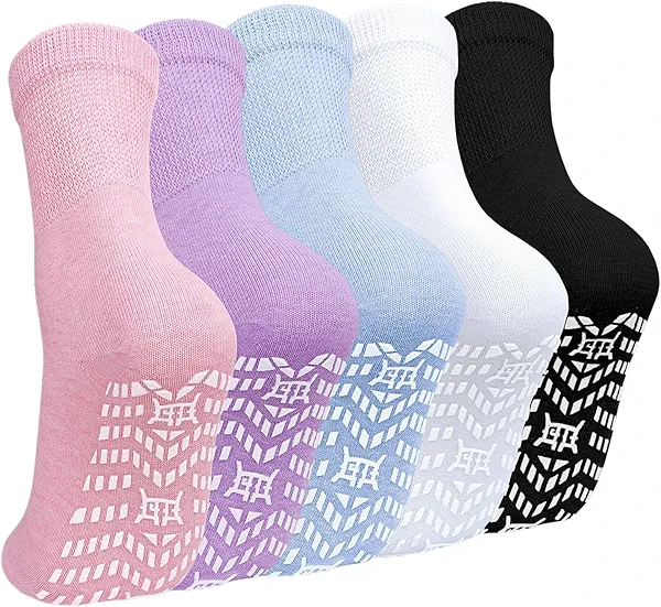 CaiDieNu Non Slip Socks for Women: Non Skid Crew Grip Socks with Gripper for Elderly Pregnant Hospital Slipper Grippy 5 Pairs