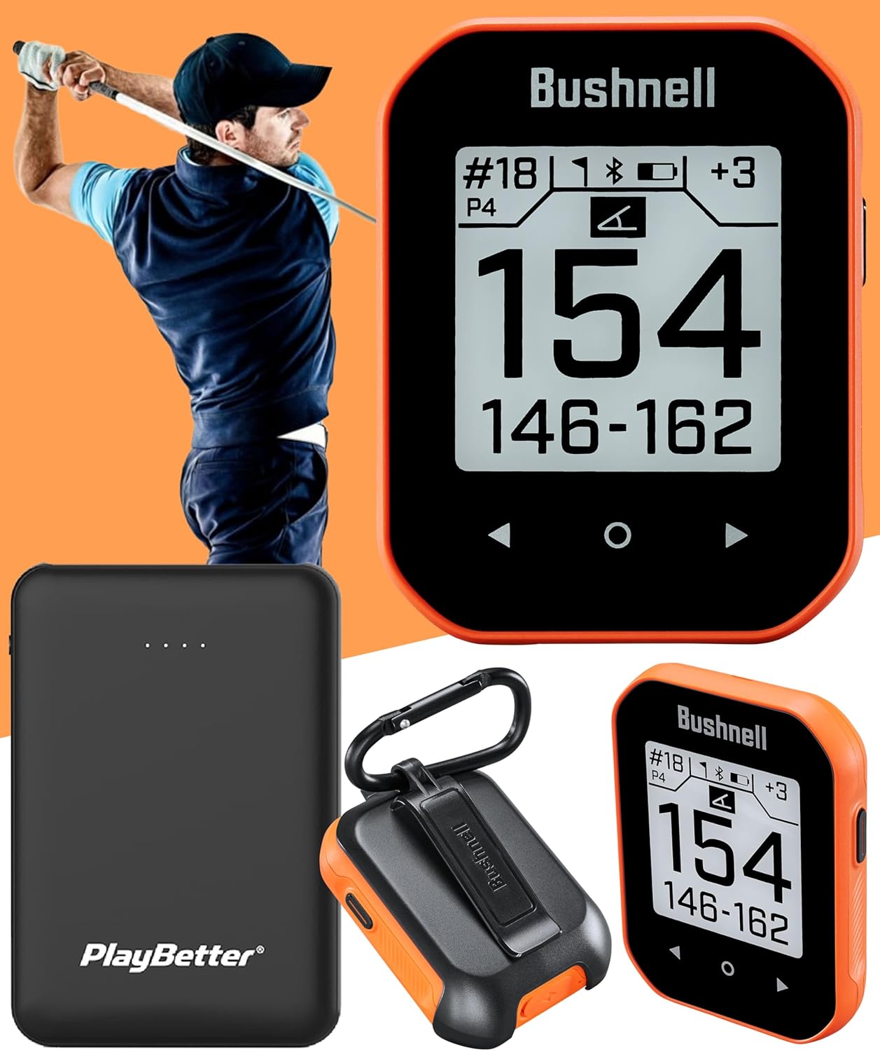 Bushnell Phantom 3 (Orange) Slope Golf GPS Handheld Bundle - Touchscreen, Auto Course & Hole Recognition, Auto-Prompt Score Entry with PlayBetter Portable Charger, Belt Clip & Carabiner
