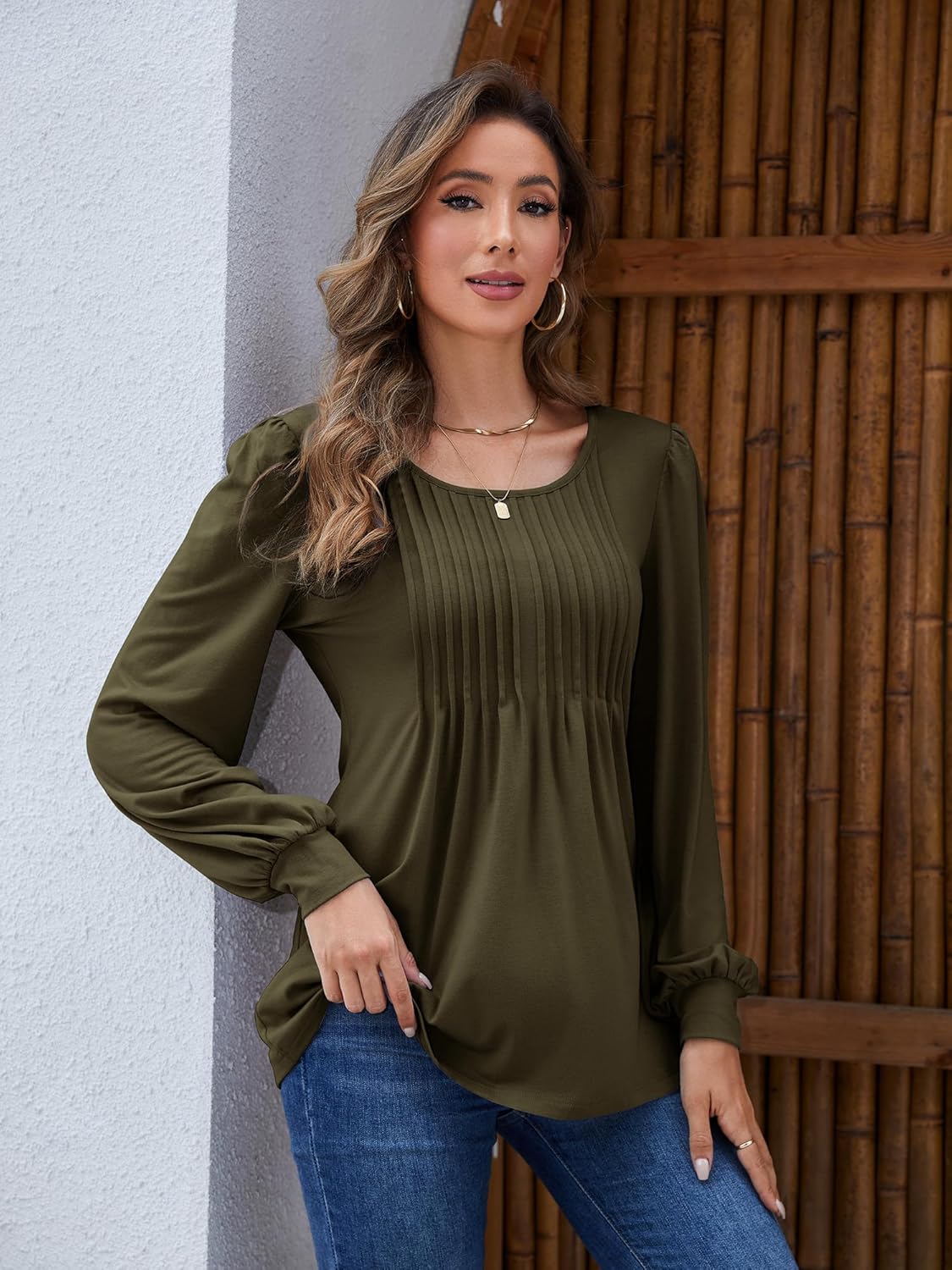 Long Sleeve Shirts For Women Fall Fashion 2025 Womens Tunic Tops Pleated Crew Neck Puff Sleeve Blouses Dressy Casual - Image 3