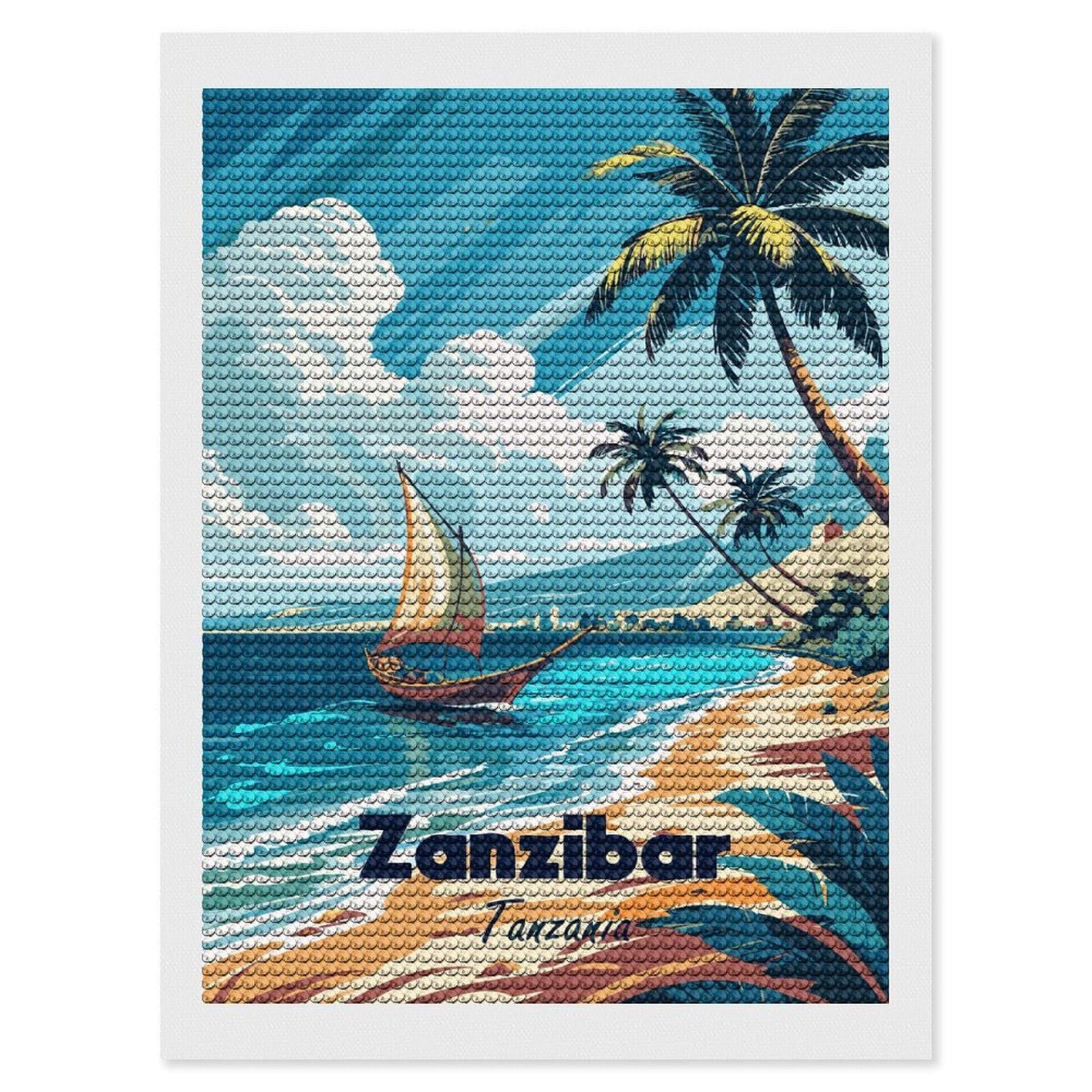 Junmoney Zanzibar, Tanzania Tropical Beach Scene Diamond Art Kit 12"x16", Gift Idea, for Family Craft Time, Mindful Craft Activity, Boho Decor, Relaxing DIY Hobby