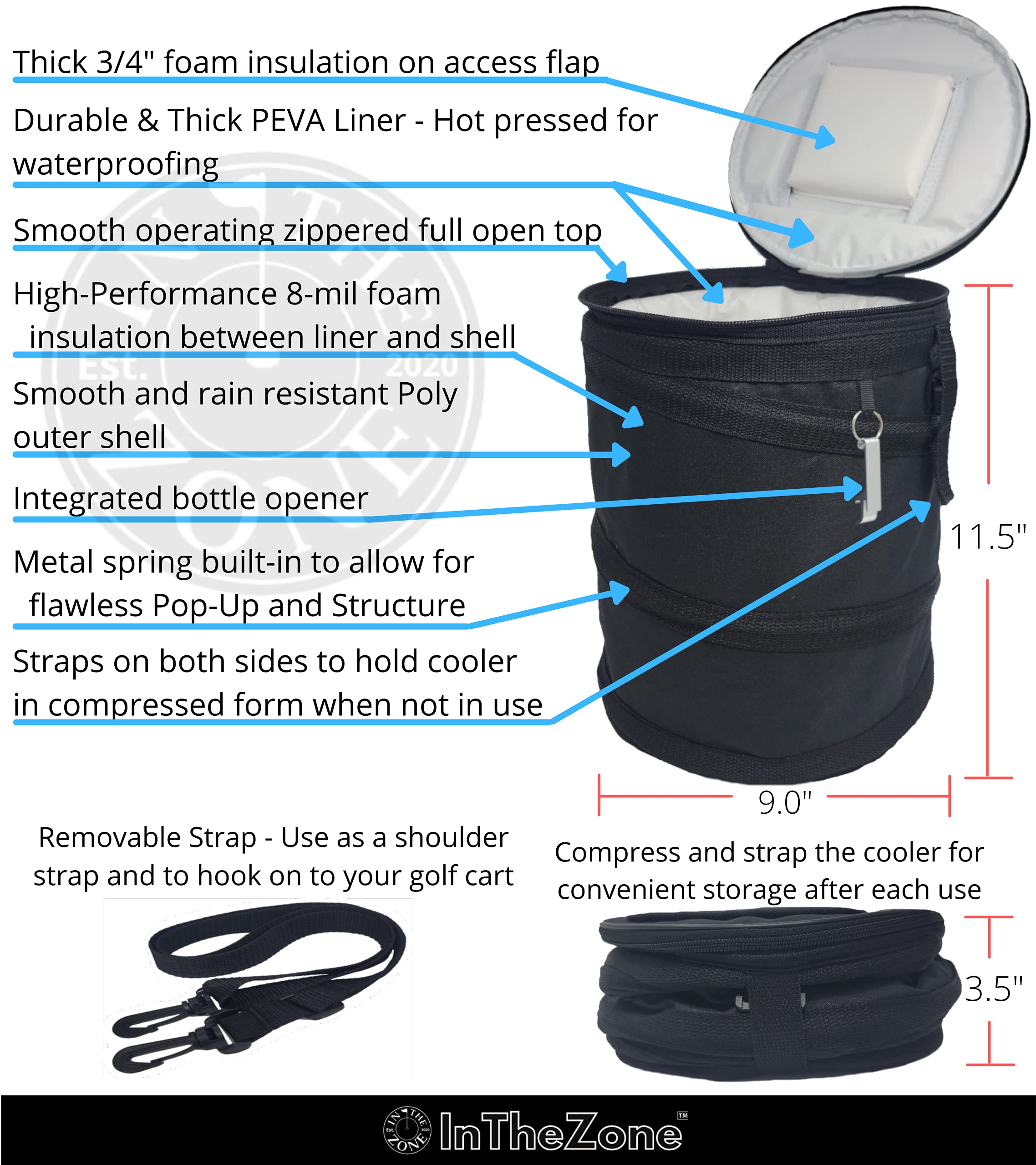 Golf Cart Cooler Bag Fits on Golf Cart or Push Cart Pops Up and