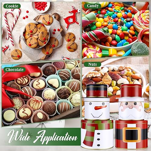 Miniatura 5 de 2 juegos de latas de galletas de Navidad con tapas de 3 capas de contenedores de lata de Navidad de metal, grandes, medianos y pequeños, redondos,
