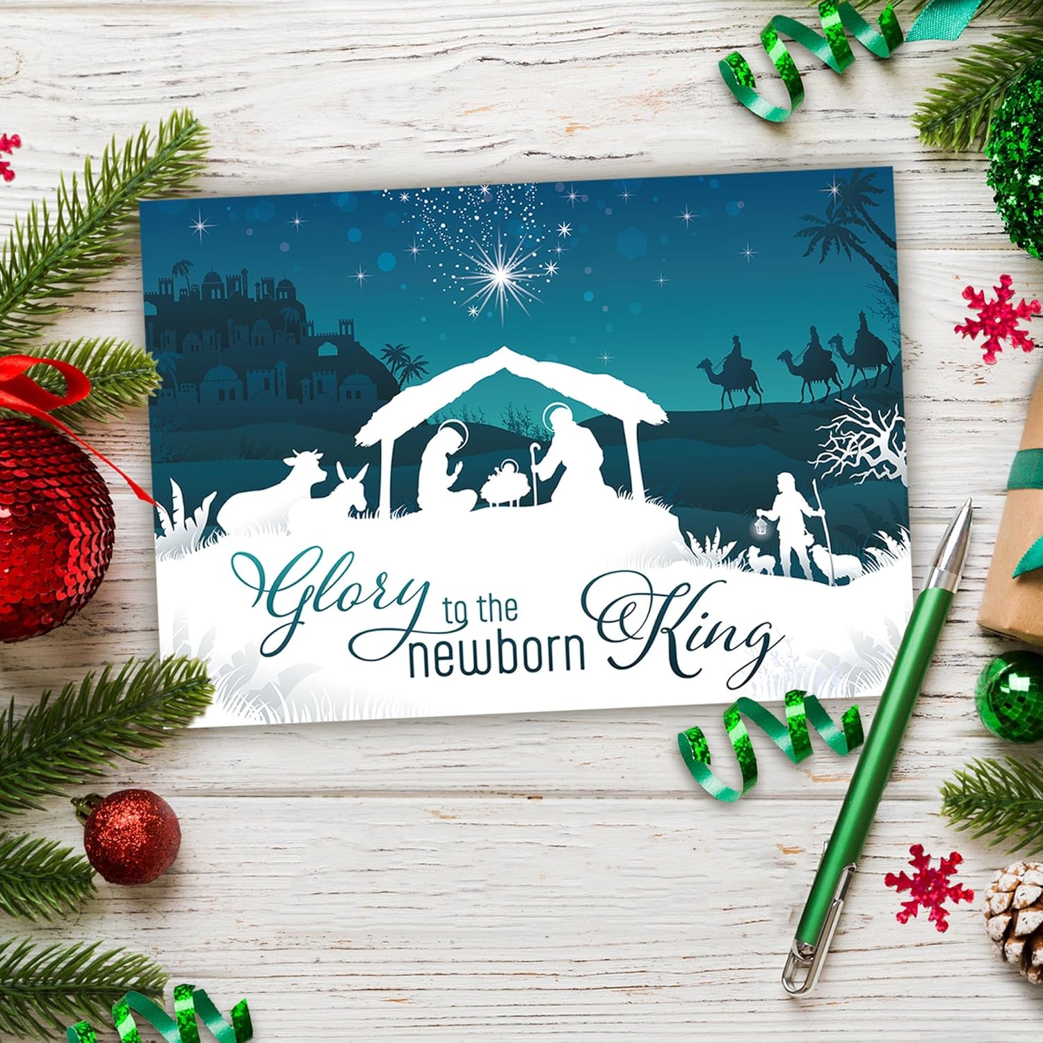 Religious Christmas cards - Newborn King, pack of 20, 5x7in, printed in England, with Bible verse inside. Christian Christmas cards with envelopes bulk, by Just Cards Direct - Image 6
